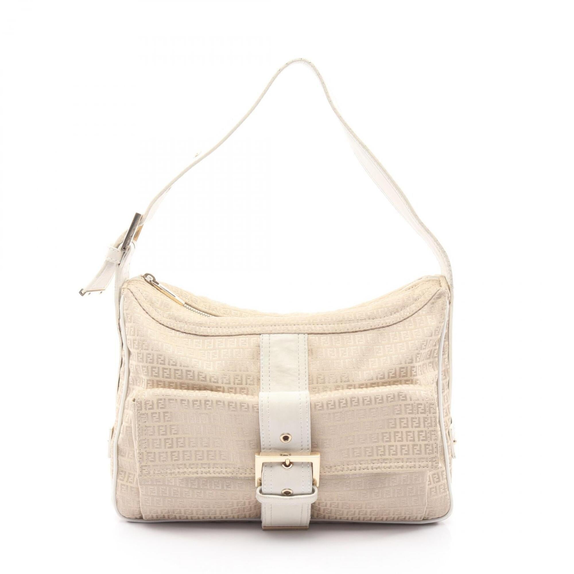 Fendi Beige White Canvas Leather Handbag Shoulder Bag (Pre-Owned)