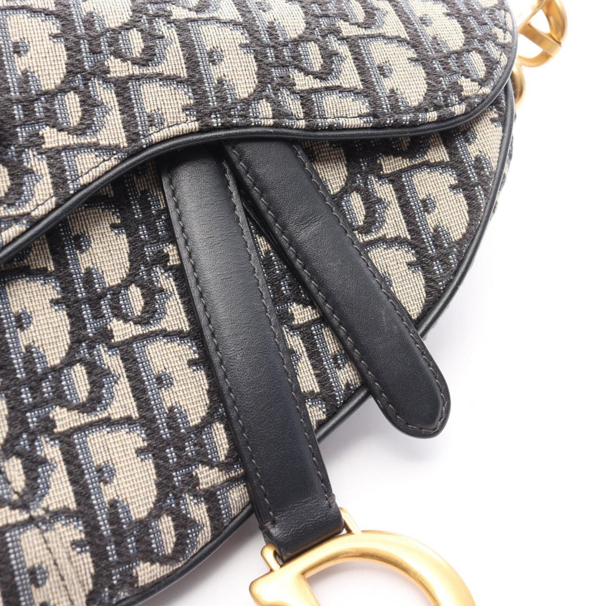 Christian Dior Ivory Navy Canvas Leather Handbag Saddle Bag (Pre-Owned)
