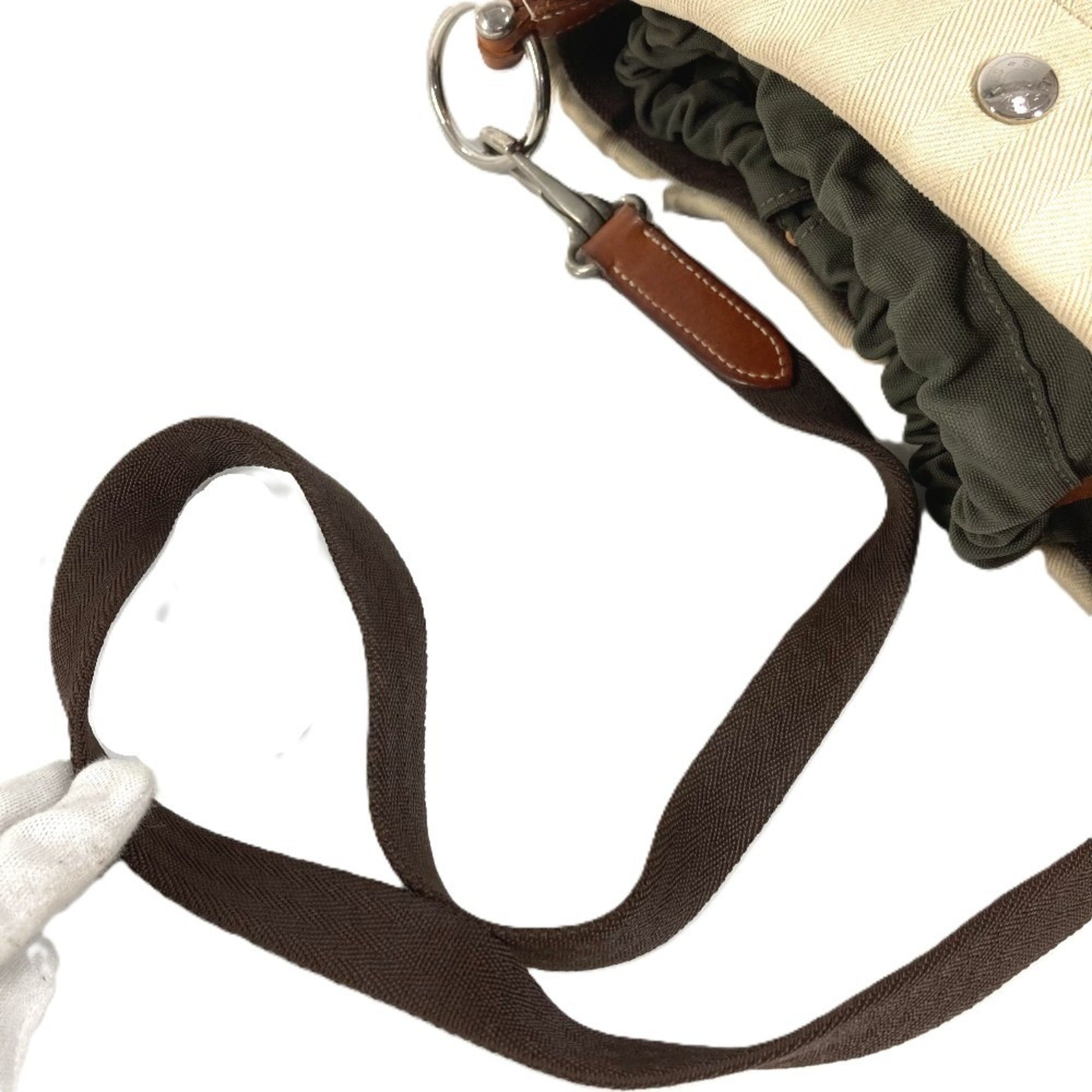 Hermes Beige Leather Canvas Handbag Shoulder Bag (Pre-Owned)
