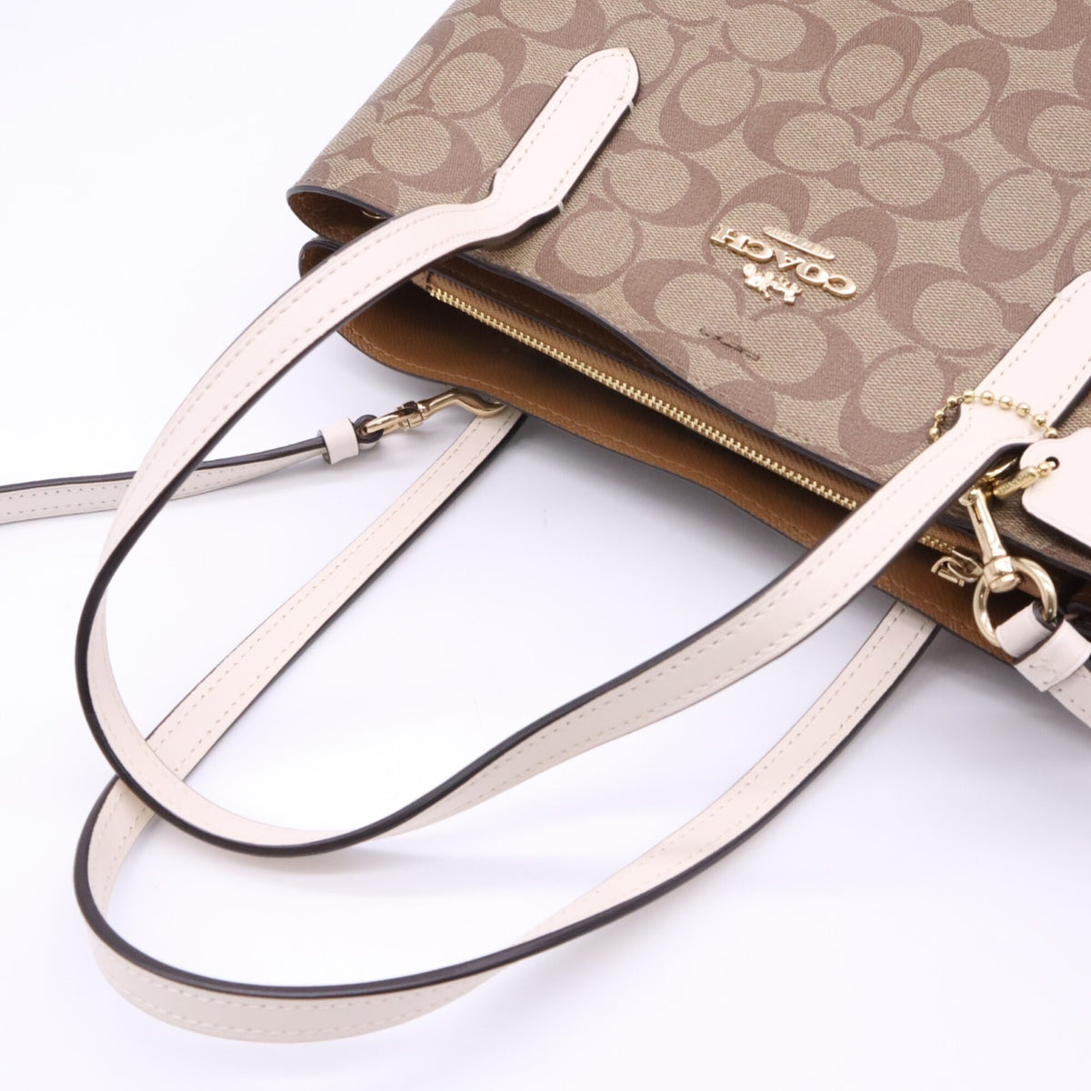 Coach Beige White Signature Line Handbag (Pre-Owned)