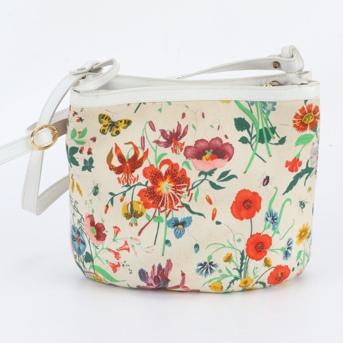 Gucci Multi-Color White Leather Coated Canvas Handbag Shoulder Bag Tote Bag (Pre-Owned)