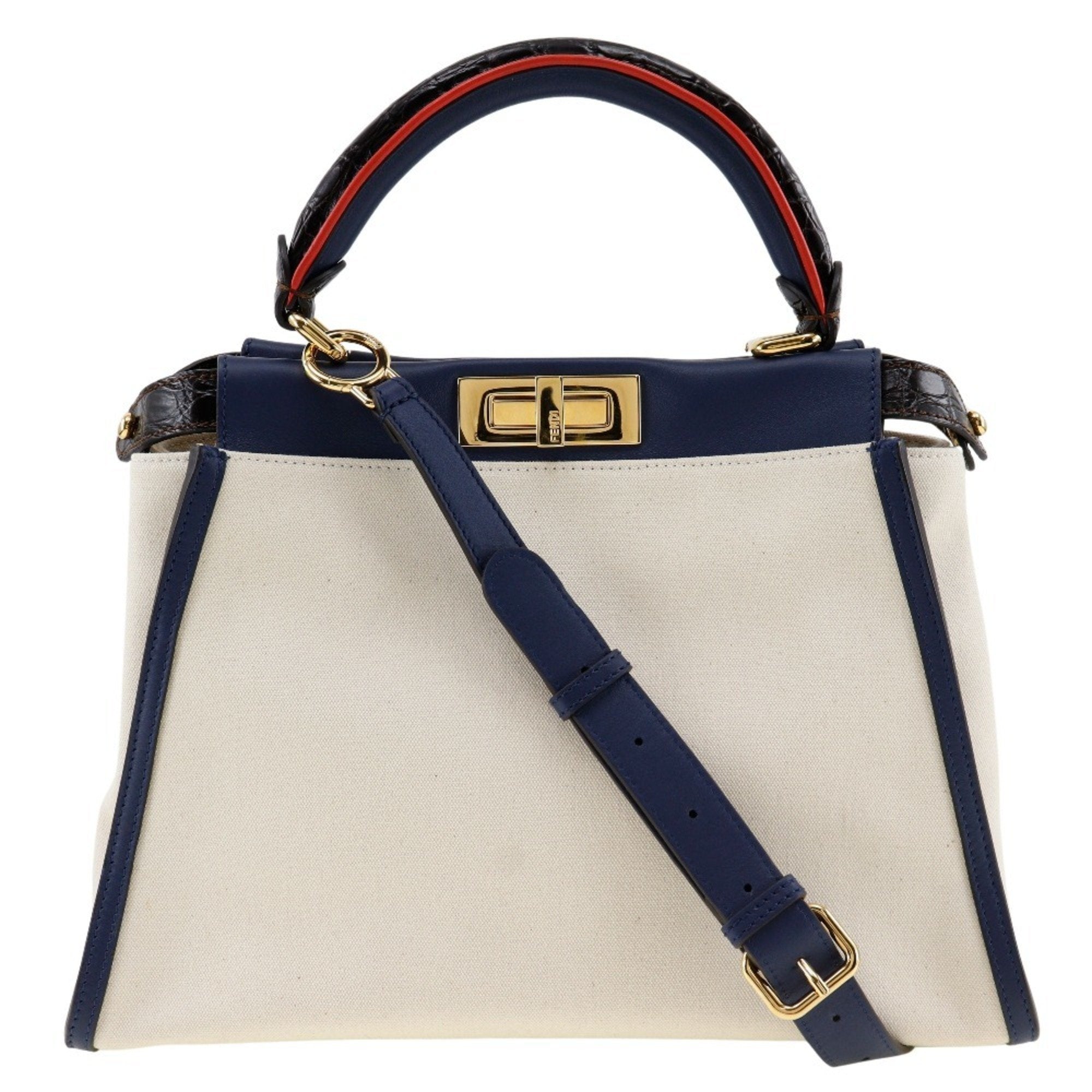 Fendi Navy White Canvas Leather Handbag (Pre-Owned)