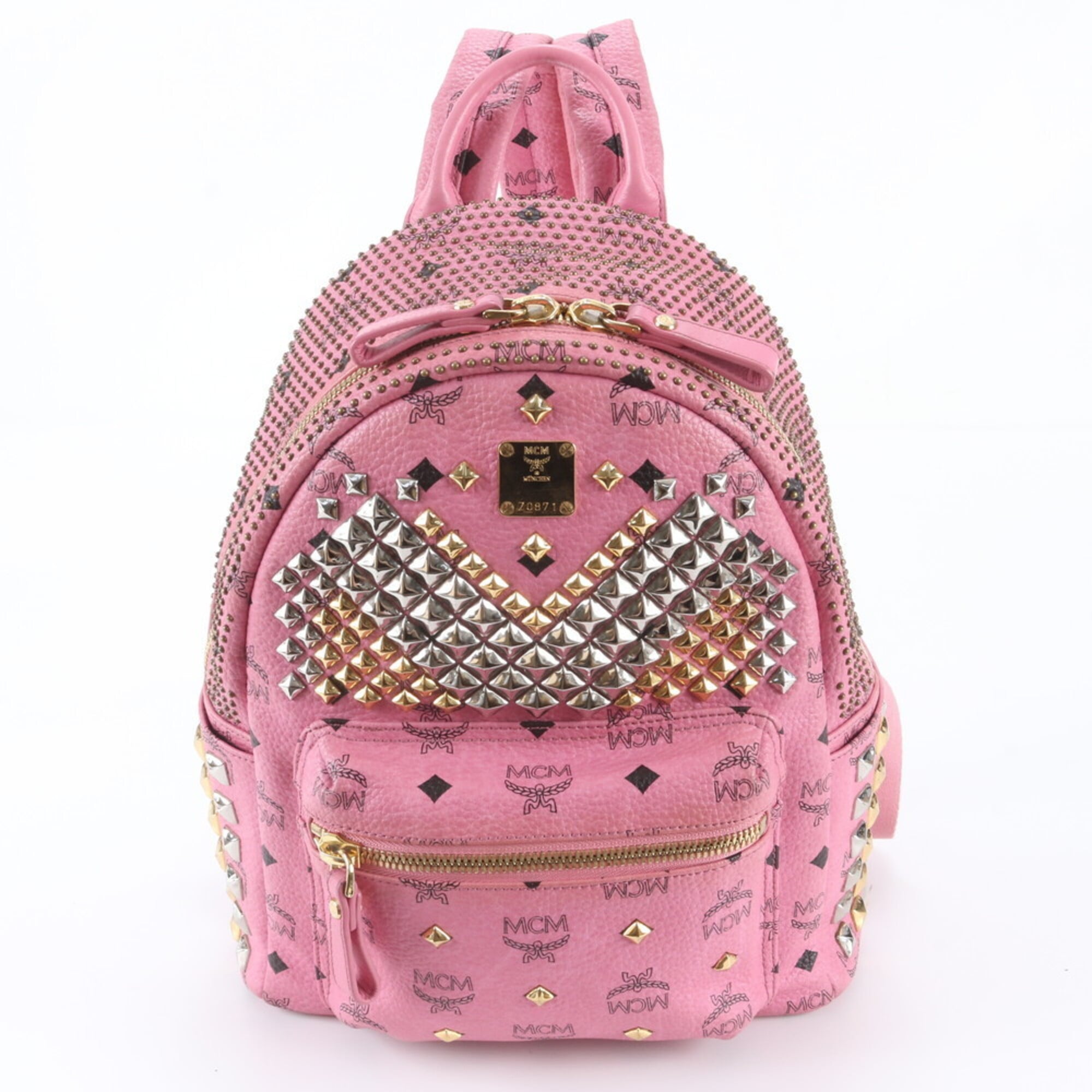 Mcm Pink Leather Coated Canvas Backpack Shoulder Bag (Pre-Owned)