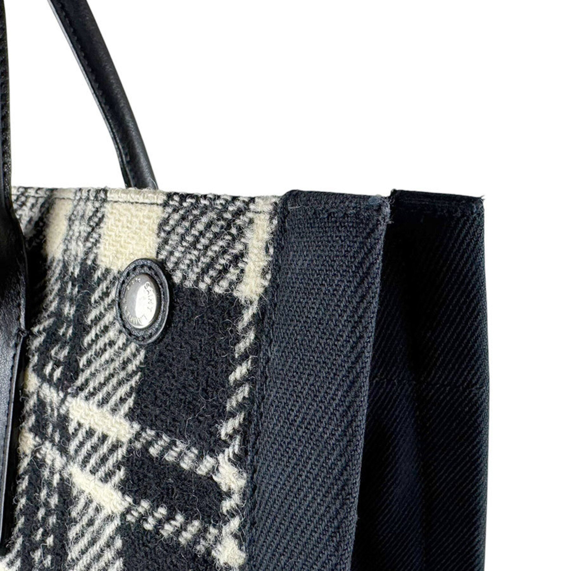 Saint Laurent Black White Leather Cotton Handbag Tote Bag (Pre-Owned)