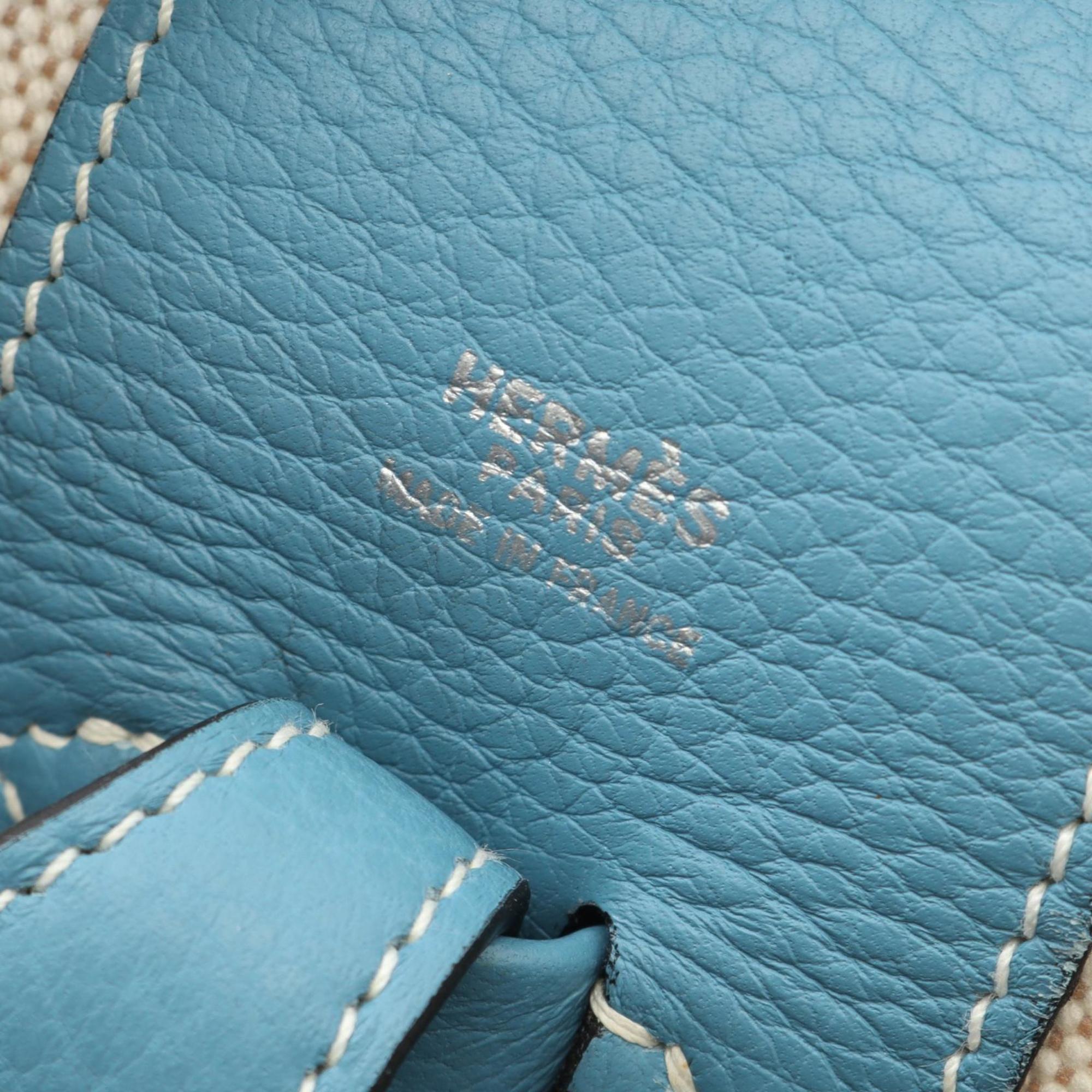 Hermes Blue Ecru Ivory Toile H Taurillon Clemence Leather Handbag (Pre-Owned)