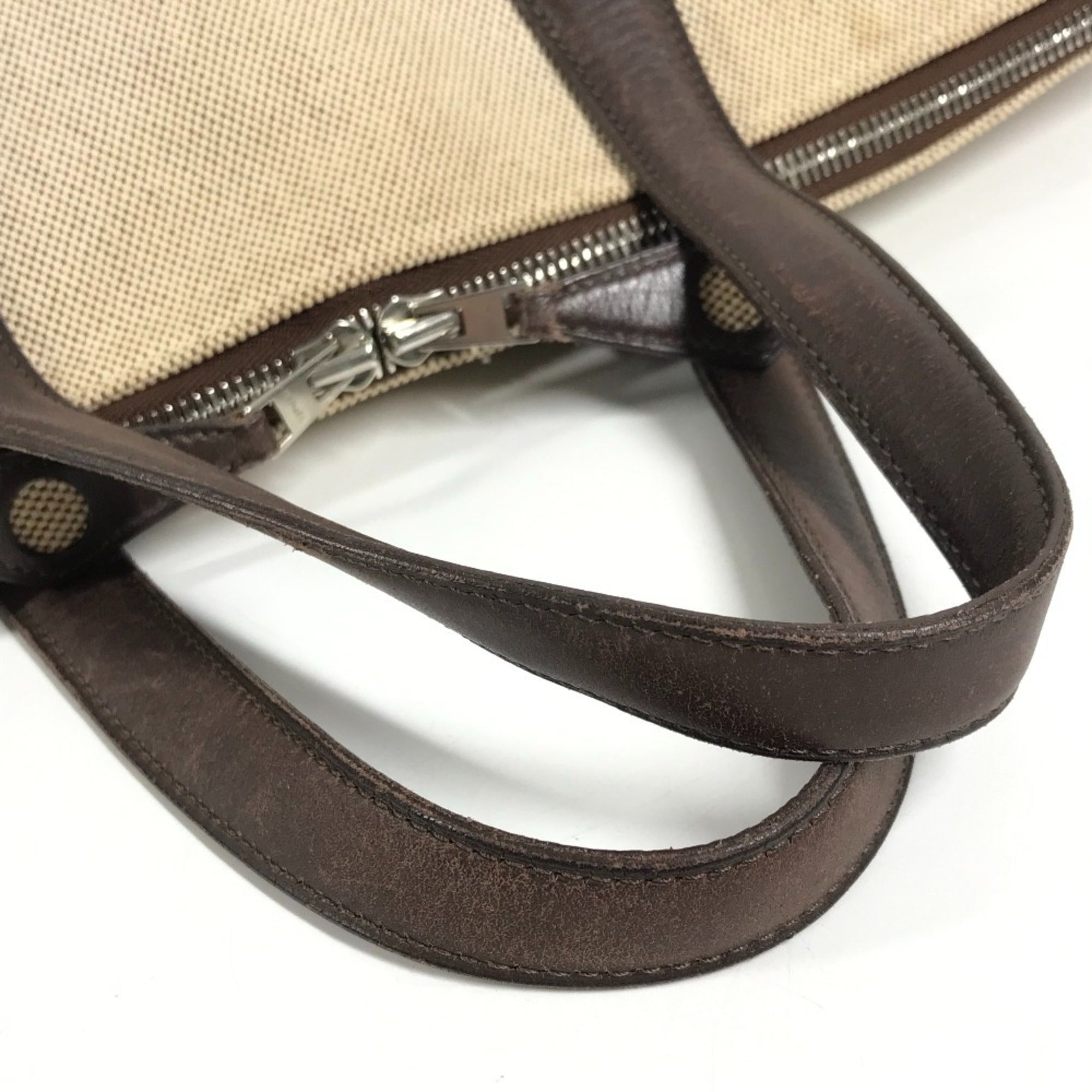 Hermes Beige Brown Leather Canvas Handbag Tote Bag (Pre-Owned)