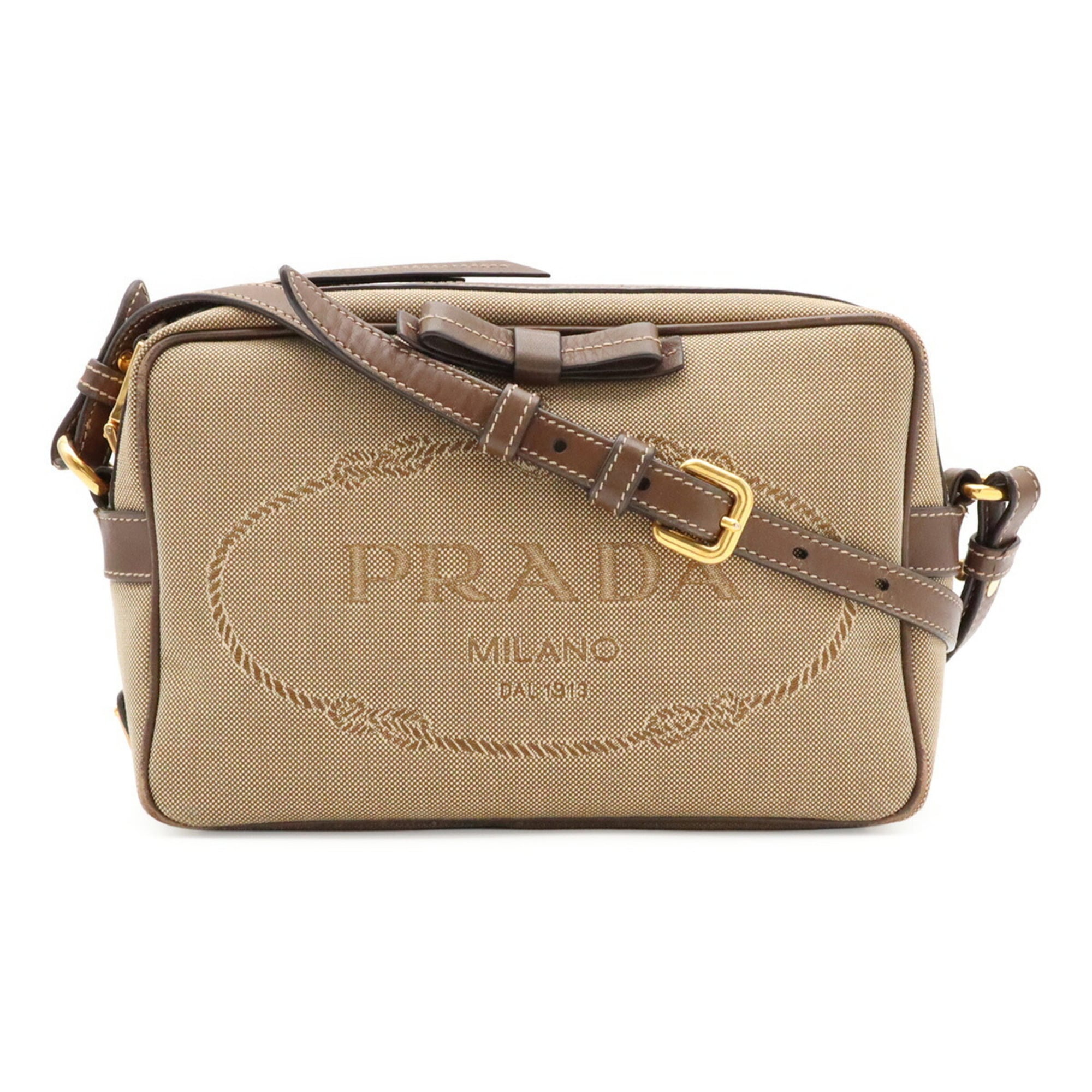 Prada Beige Brown Canvas Leather Pochette Shoulder Bag (Pre-Owned)