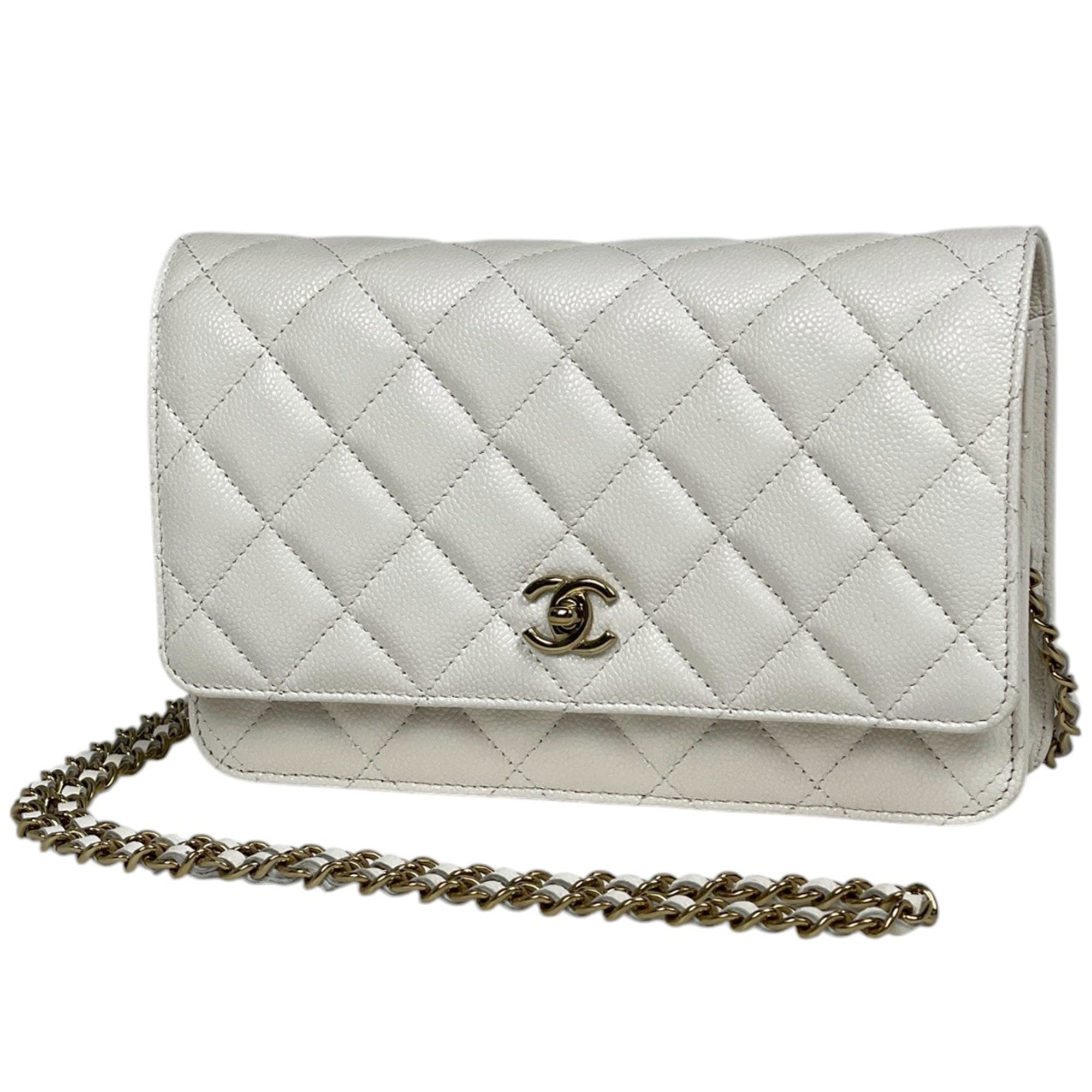 Chanel White Grained Calfskin Chain/Shoulder Wallet (Pre-Owned)