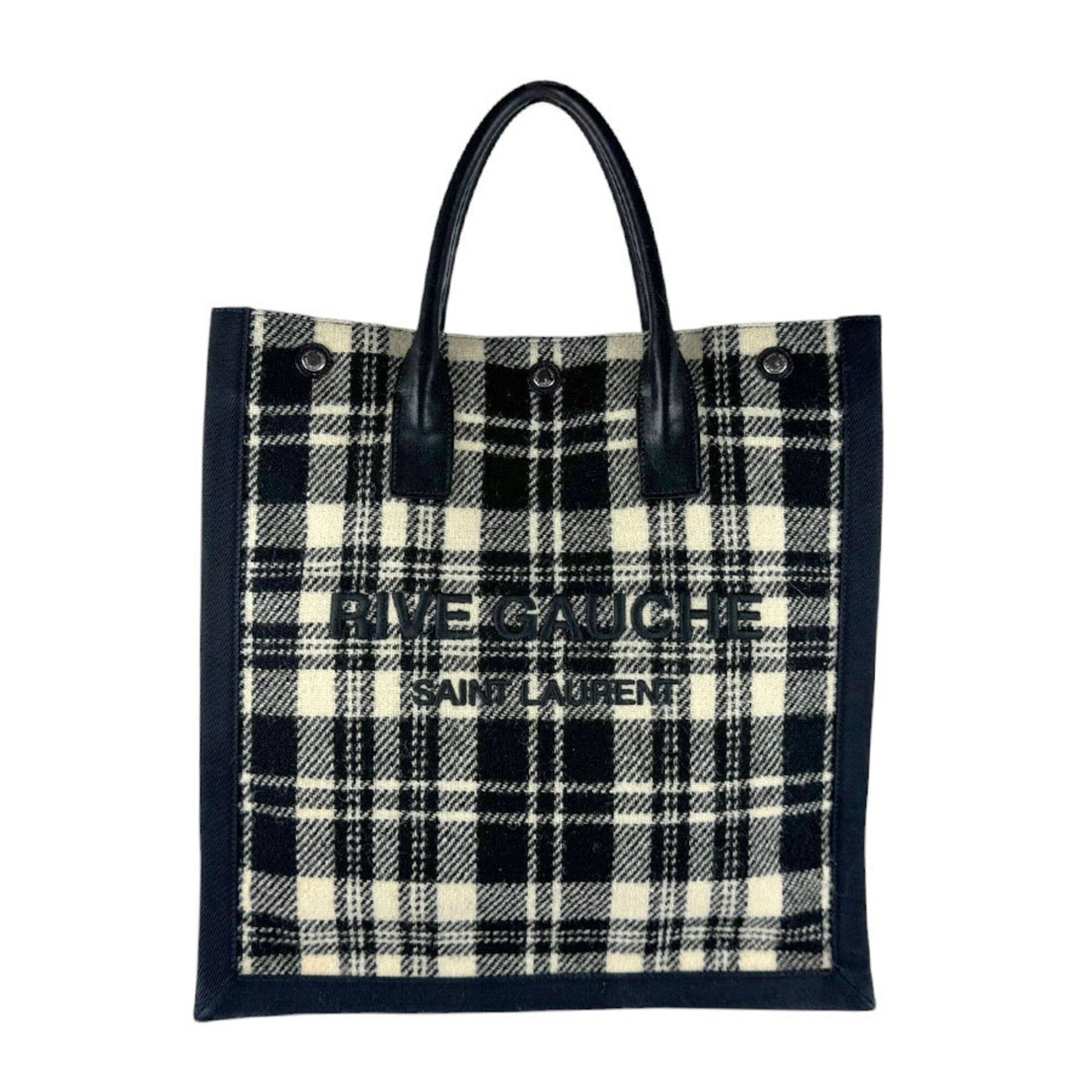 Saint Laurent Black White Leather Cotton Handbag Tote Bag (Pre-Owned)
