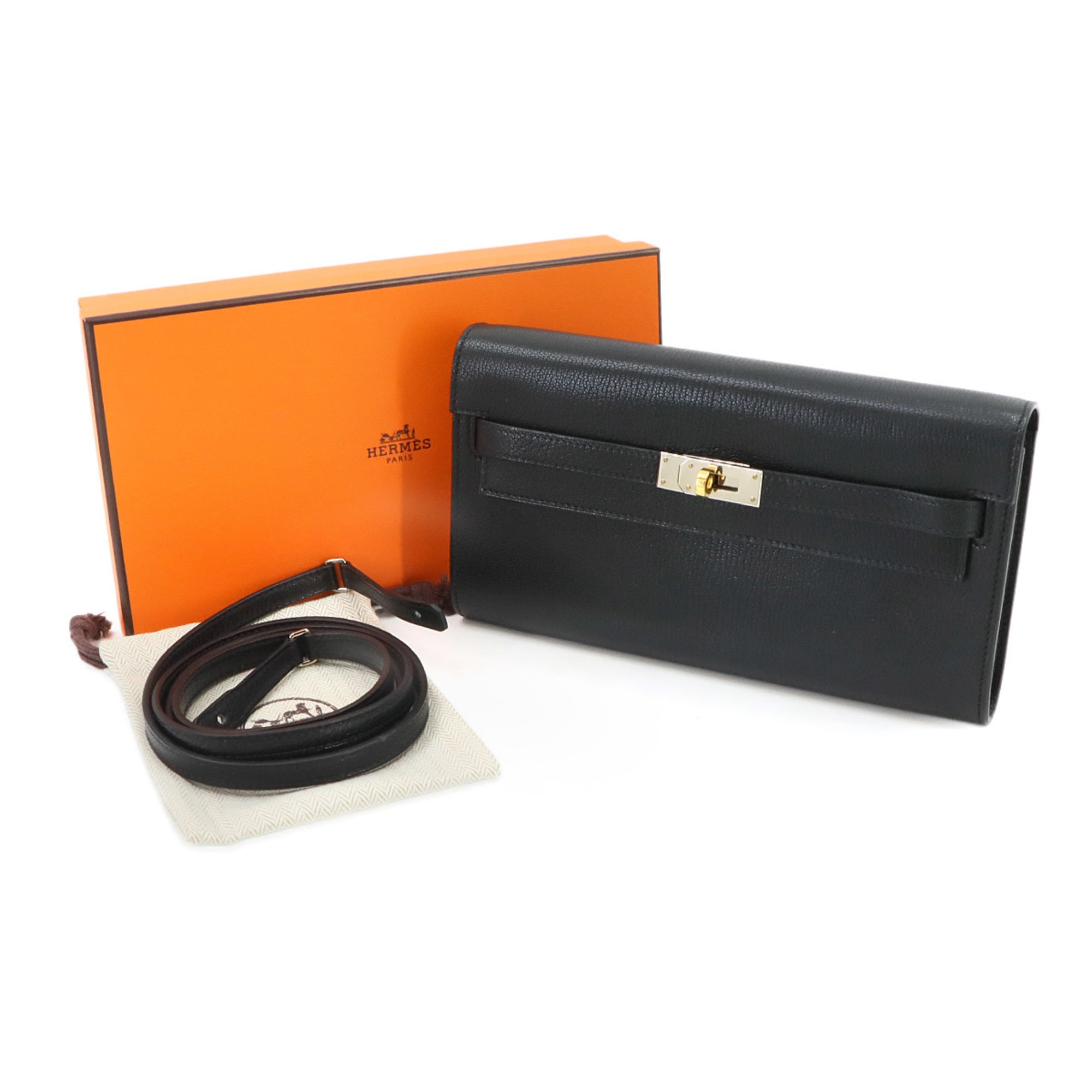 Hermes Kelly Black Chevre Leather Chain/Shoulder Wallet (Pre-Owned)