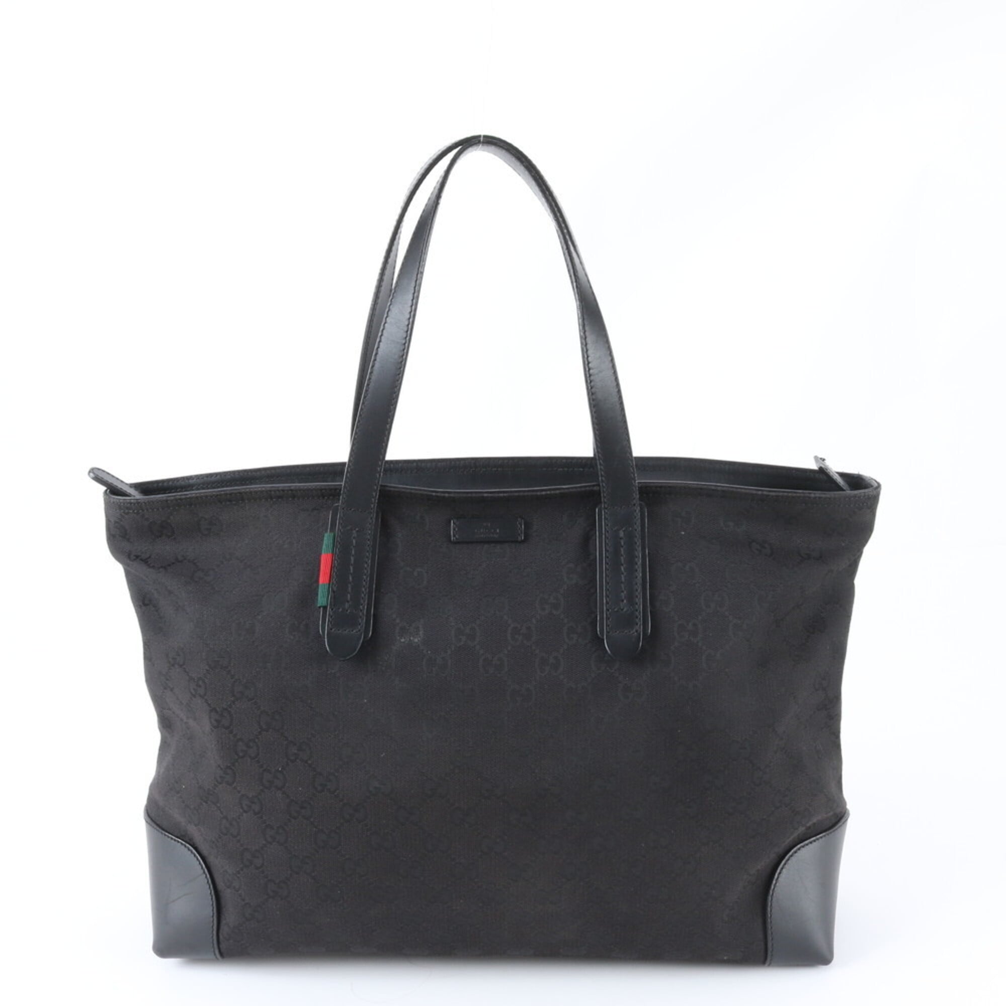 Gucci Black Leather Canvas Shoulder Bag Tote Bag (Pre-Owned)