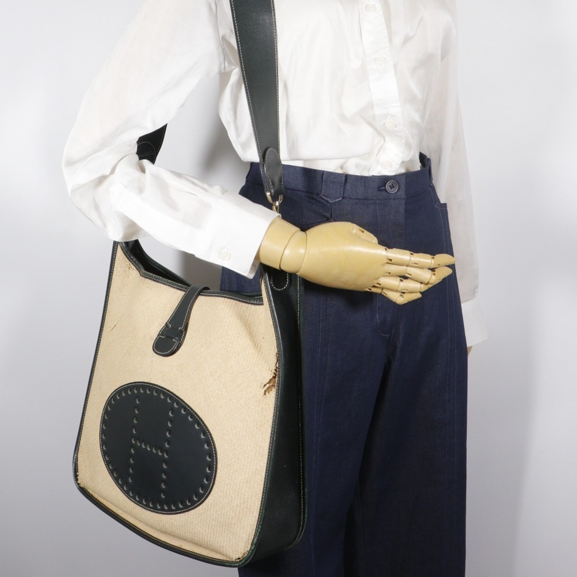Hermes Beige Green Straw Shoulder Bag (Pre-Owned)