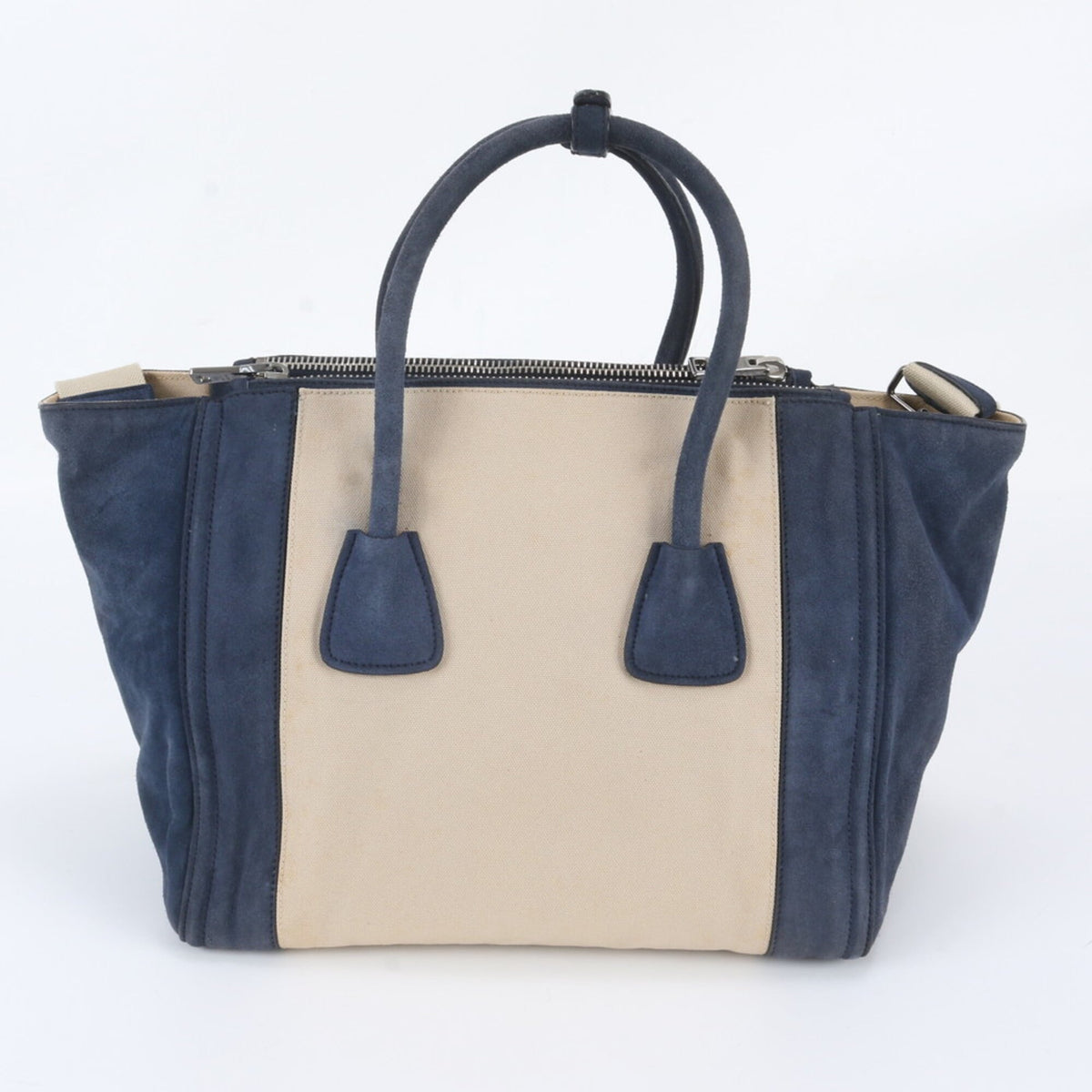 Prada Beige Navy Leather Canvas Handbag Shoulder Bag Tote Bag (Pre-Owned)