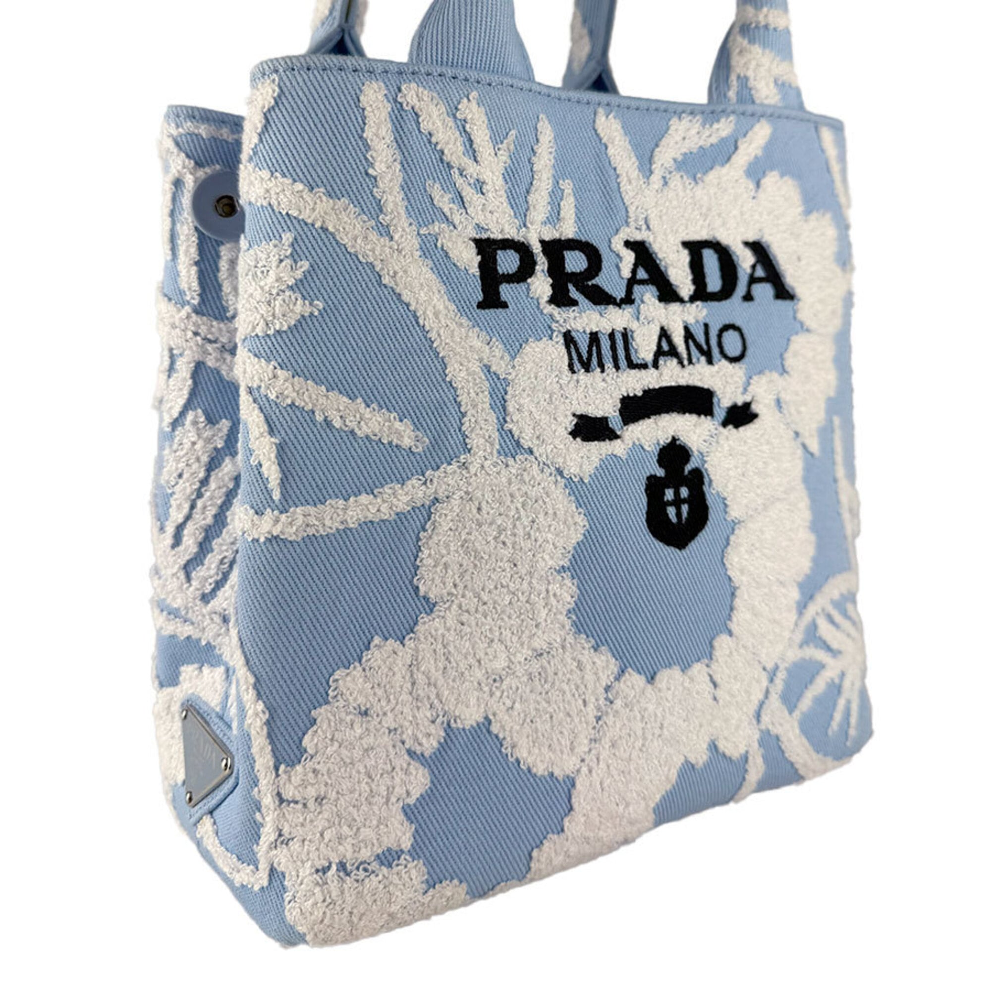 Prada Blue White Canvas Pile Fabric Handbag Shoulder Bag (Pre-Owned)