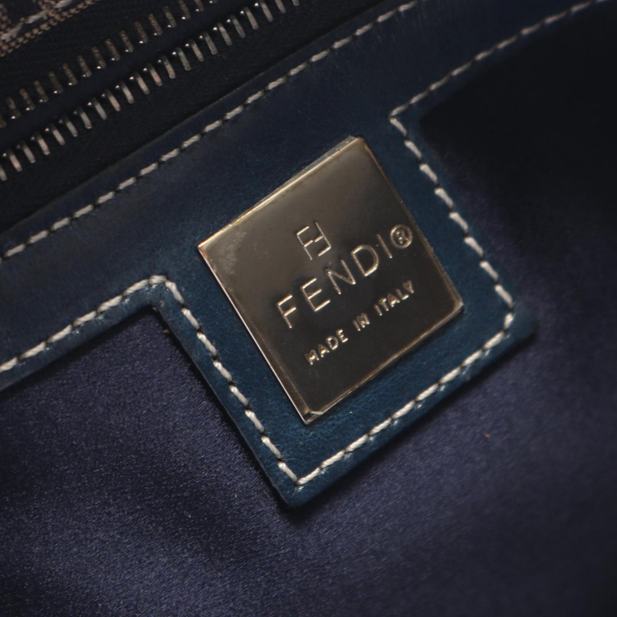 Fendi Zucchino Gray Navy Canvas Leather Handbag Shoulder Bag (Pre-Owned)