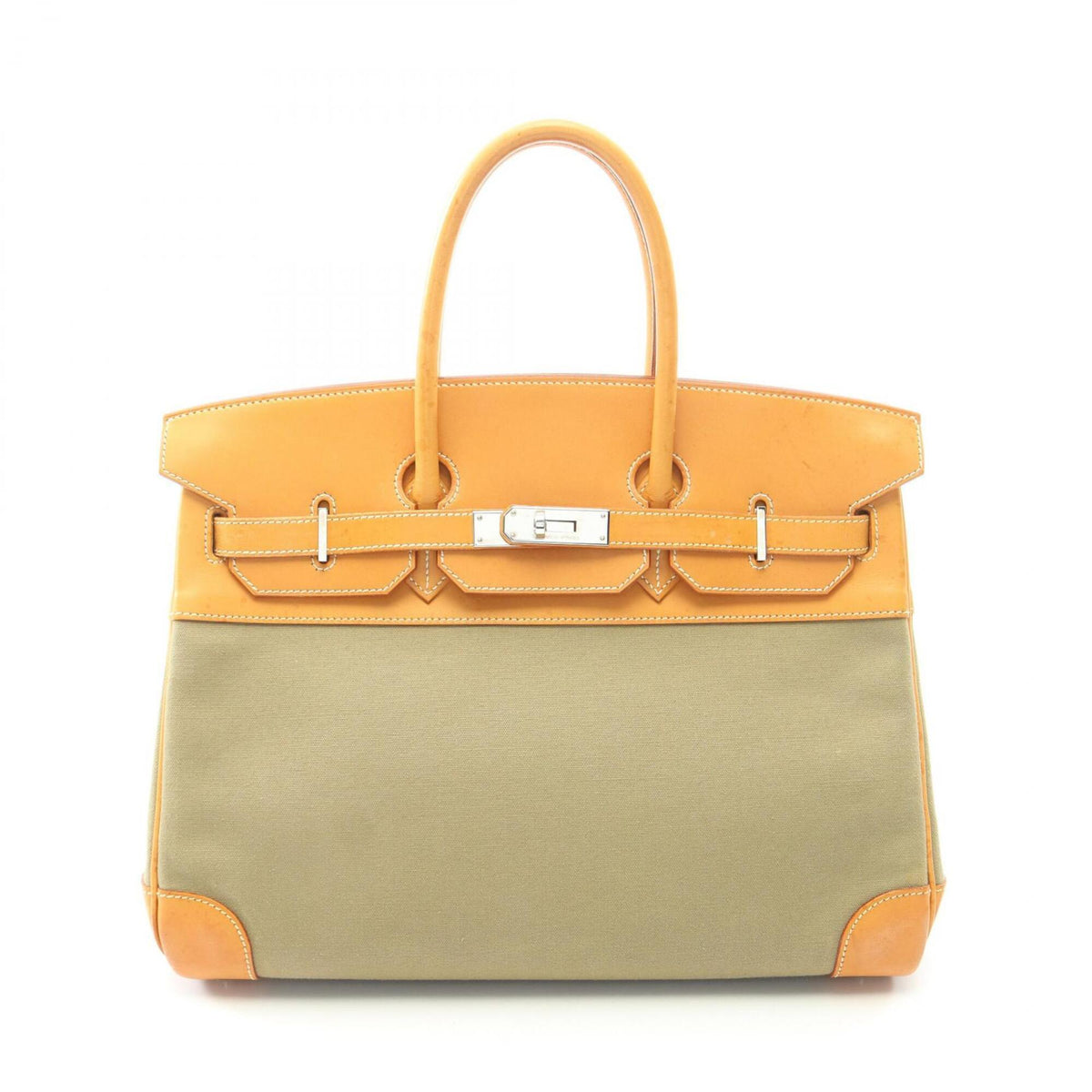 Hermes Brown Khaki Natural Canvas Barenia Leather Toile Officier Leather Handbag (Pre-Owned)