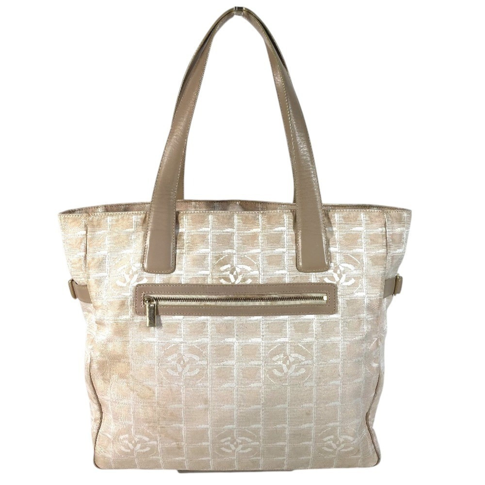 Chanel Beige Nylon Leather Shoulder Bag Tote Bag (Pre-Owned)
