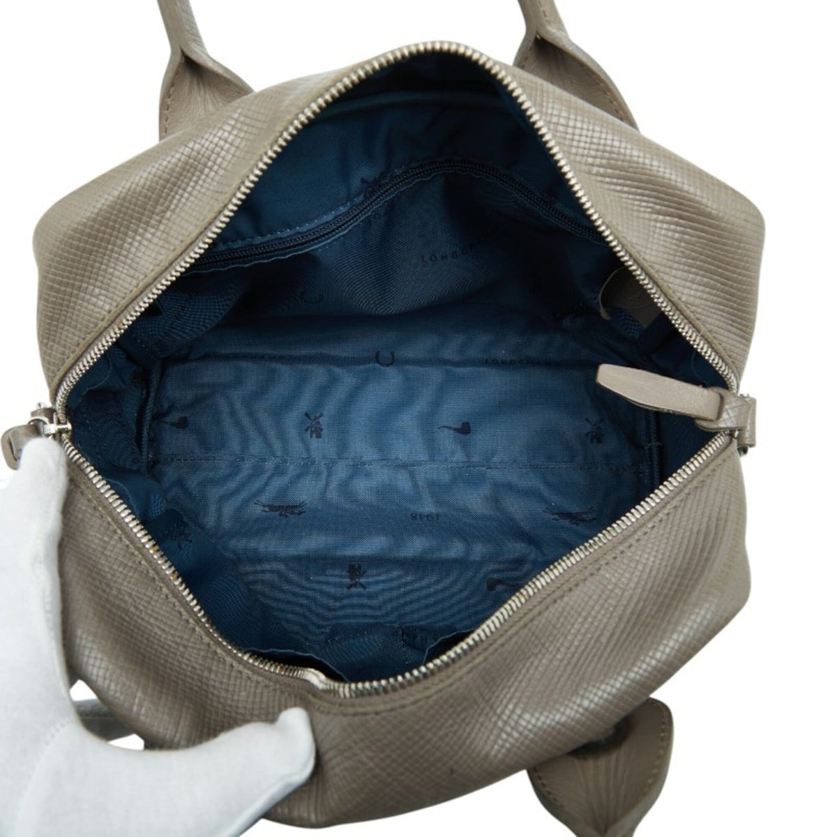 Longchamp Gray Beige Leather Handbag Shoulder Bag (Pre-Owned)