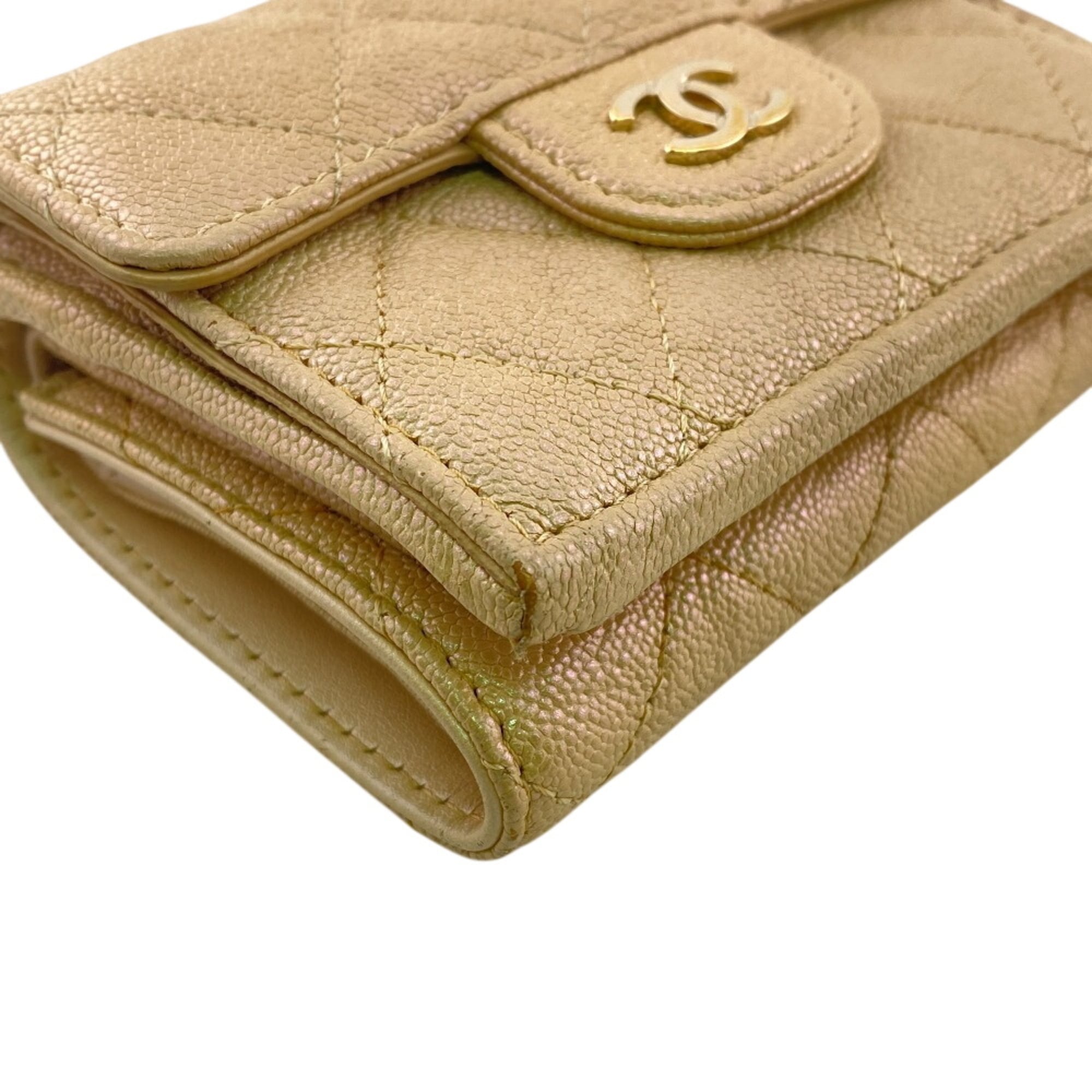 Chanel Beige Beige Gold Grained Calfskin Leather Wallet (Tri-Fold) (Pre-Owned)