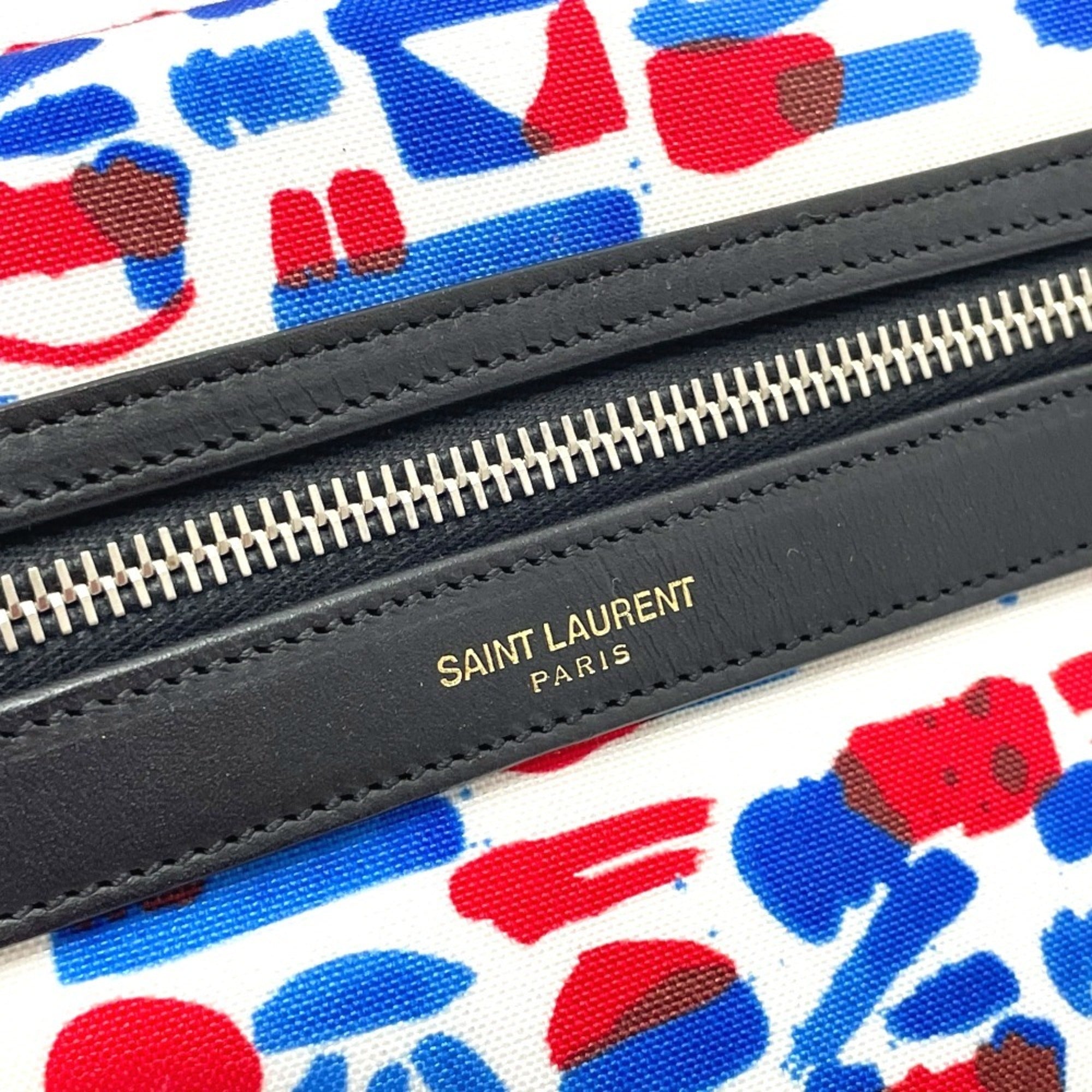Saint Laurent Blue Red Color White Leather Canvas Backpack (Pre-Owned)
