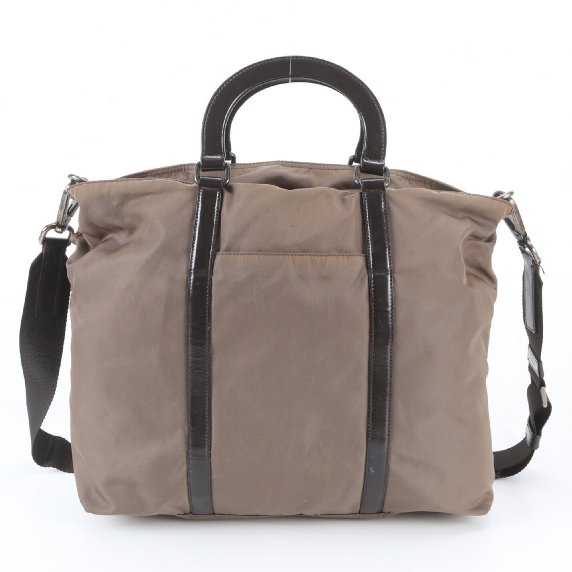Prada Brown Leather Nylon Shoulder Bag Tote Bag (Pre-Owned)