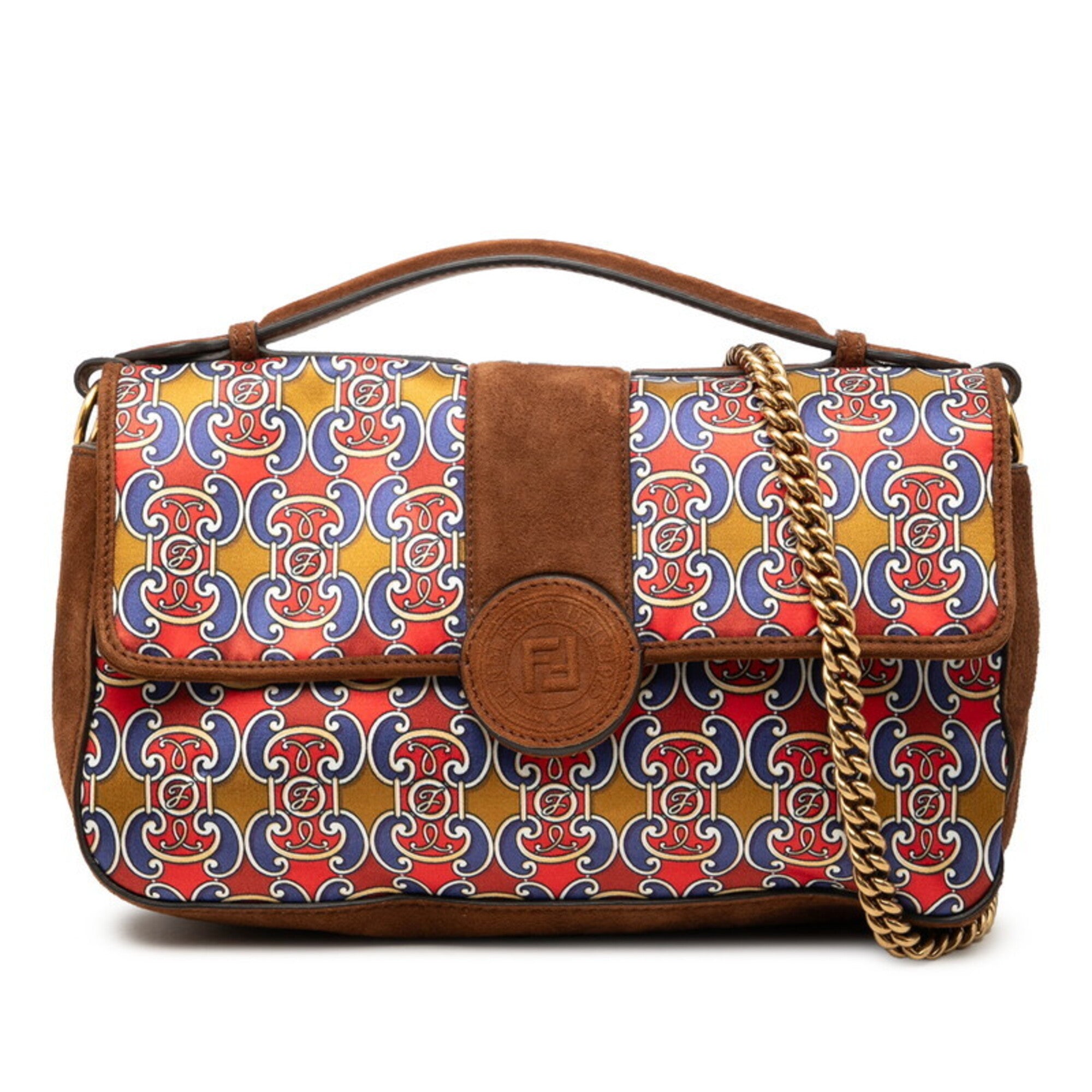 Fendi Brown Multi-Color Suede Satin Handbag Shoulder Bag (Pre-Owned)