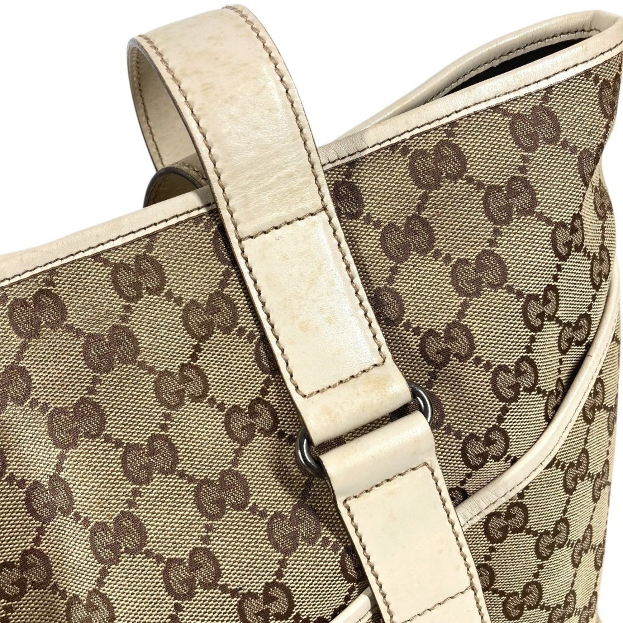 Gucci Beige White Gg Canvas Leather Shoulder Bag Tote Bag (Pre-Owned)