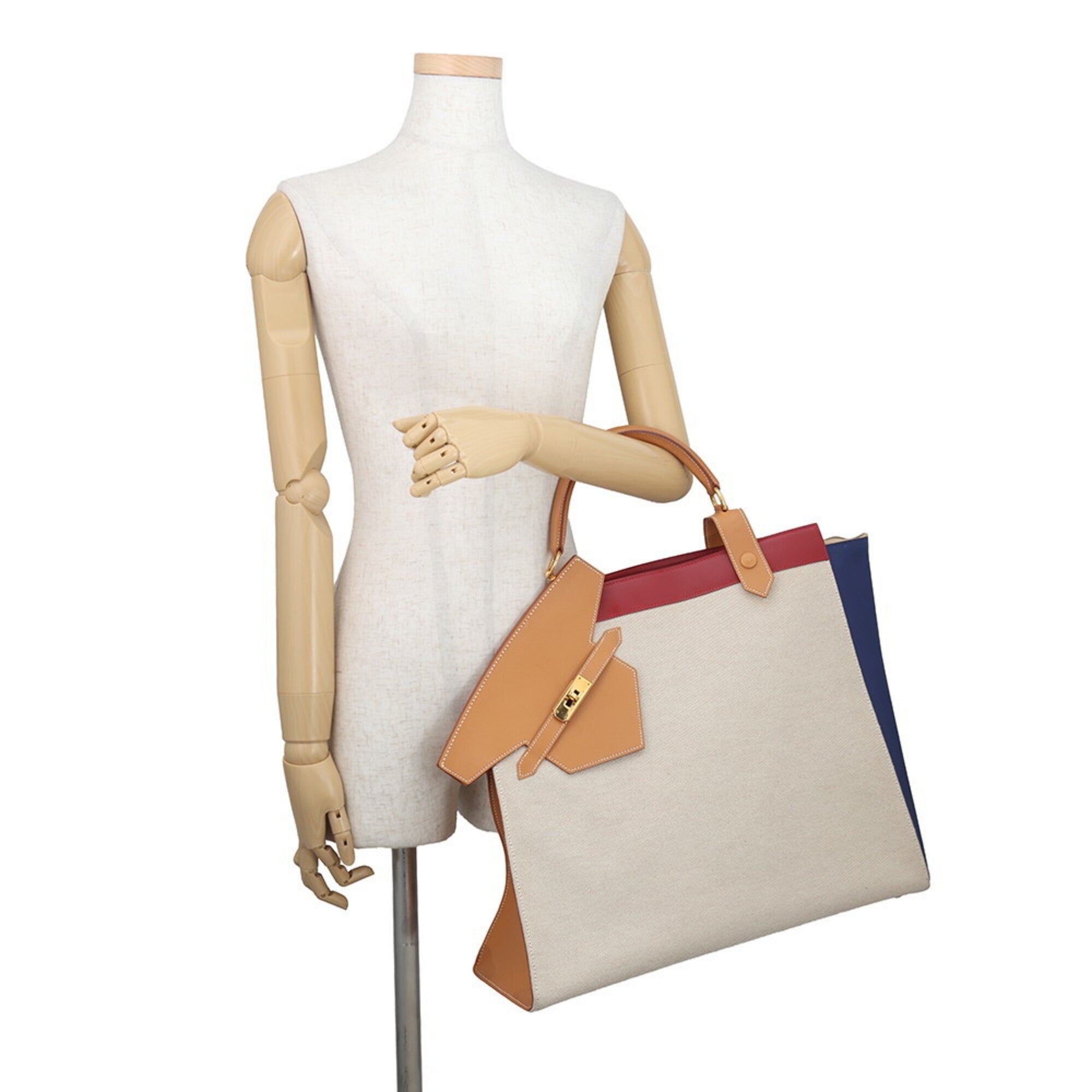 Hermes Natural Navy Rouge Vif Toile H Box Calf Leather Handbag (Pre-Owned)