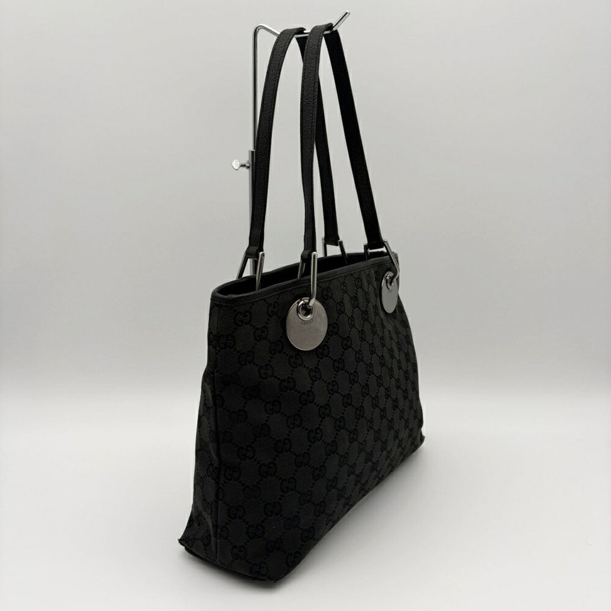 Gucci Gg Canvas Black Gg Canvas Leather Tote Bag (Pre-Owned)