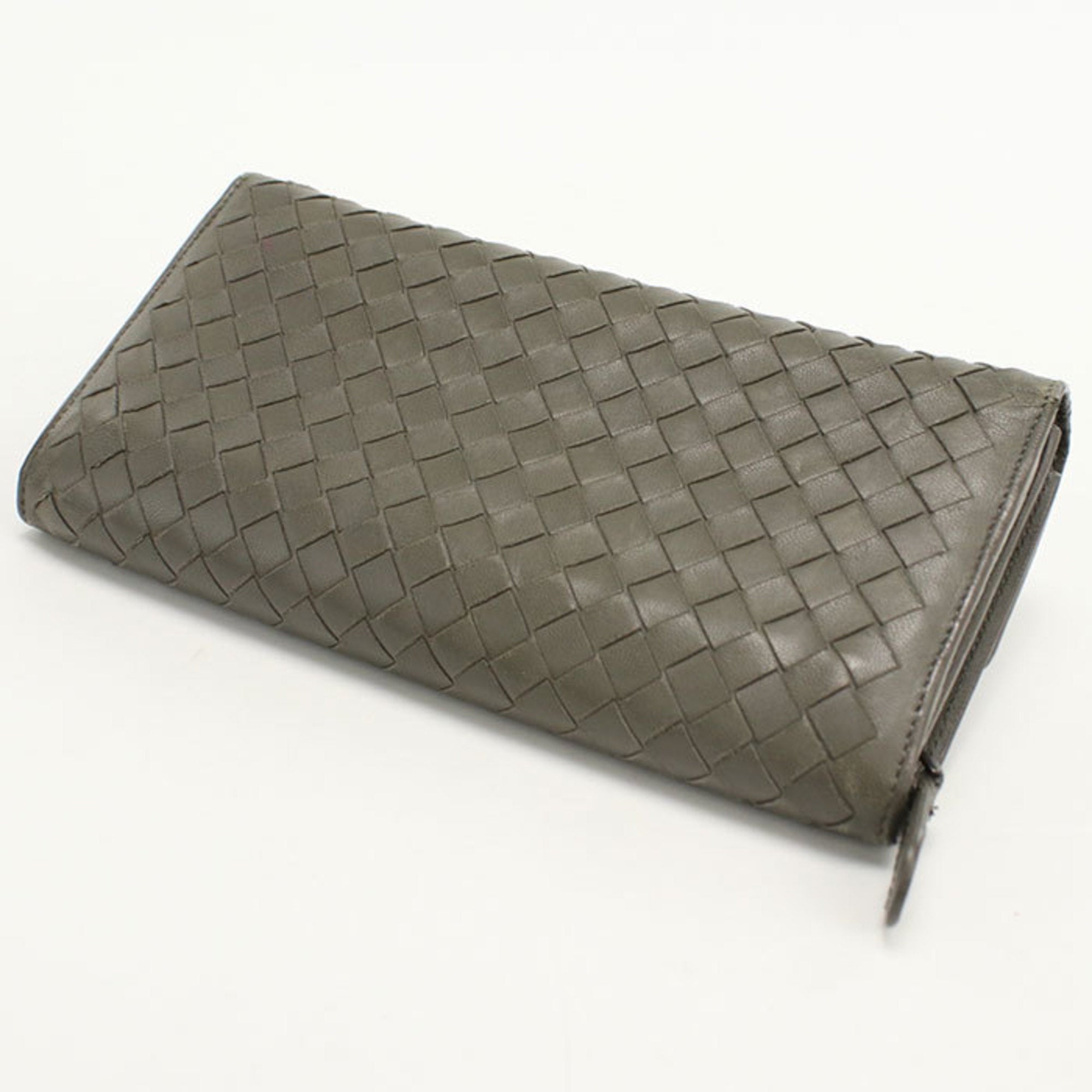 Bottega Veneta Intrecciato Khaki Leather Long Wallet (Bi-Fold) (Pre-Owned)