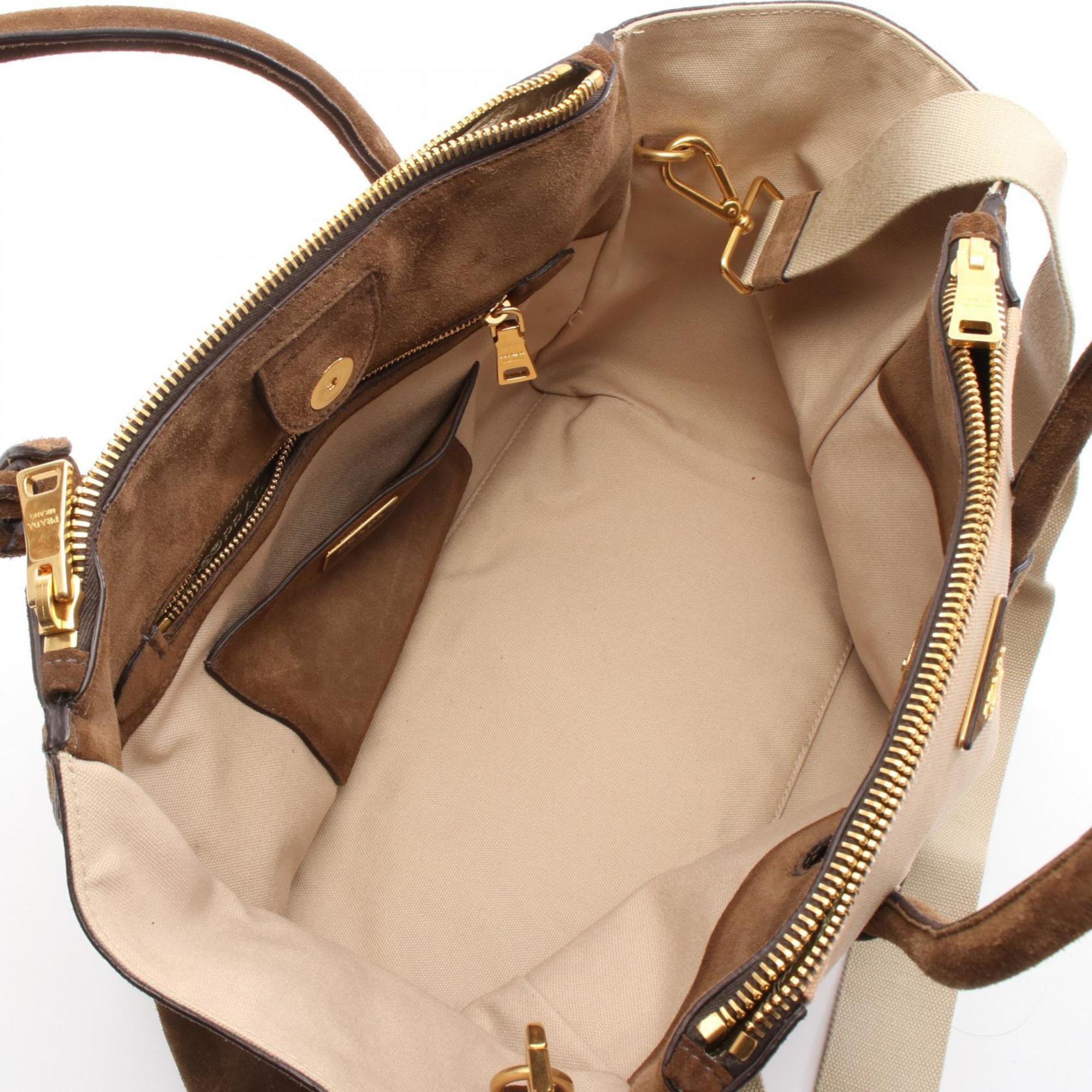 Prada Beige Brown Canvas Suede Handbag (Pre-Owned)
