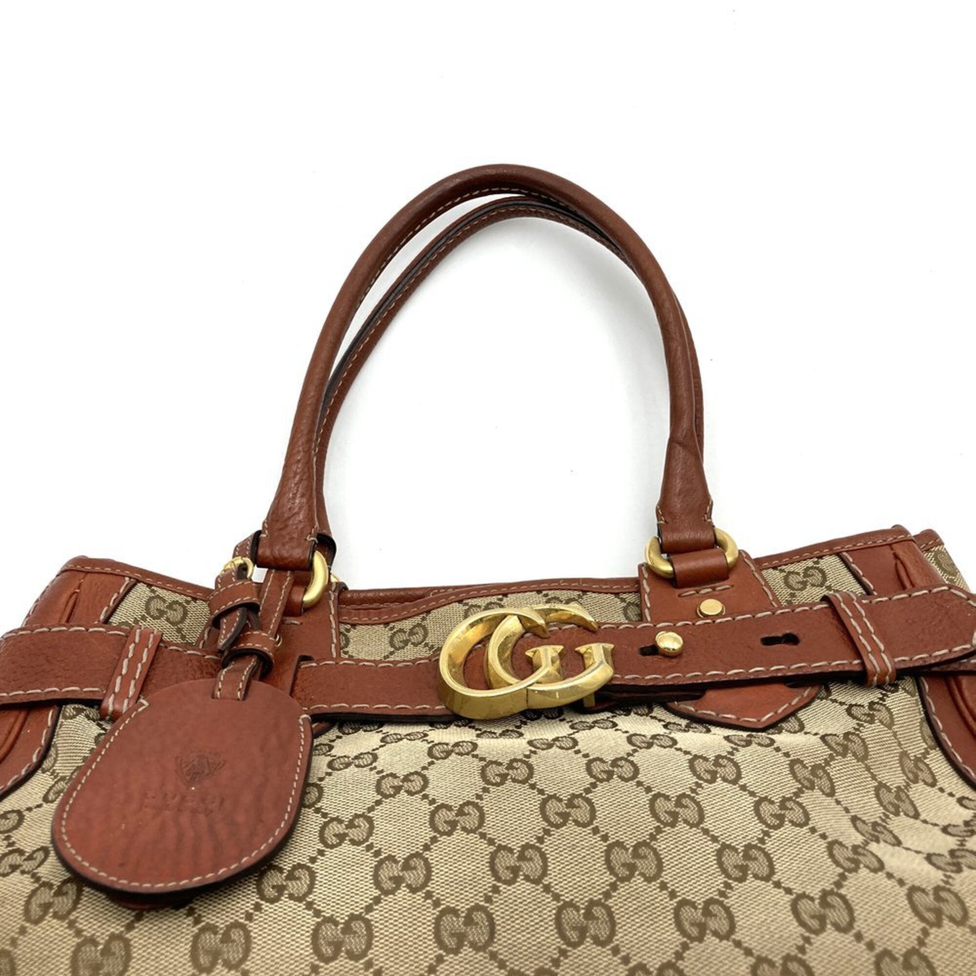 Gucci Gg Canvas Brown Gg Canvas Leather Handbag Tote Bag (Pre-Owned)