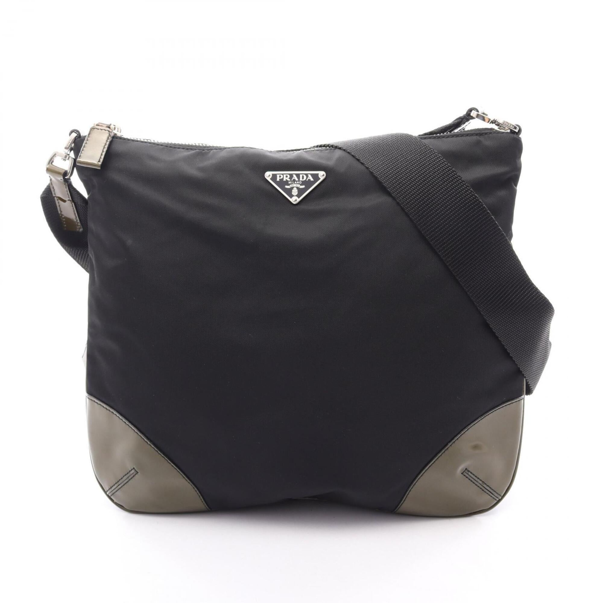 Prada Black Khaki Nylon Patent Leather Handbag Shoulder Bag (Pre-Owned)
