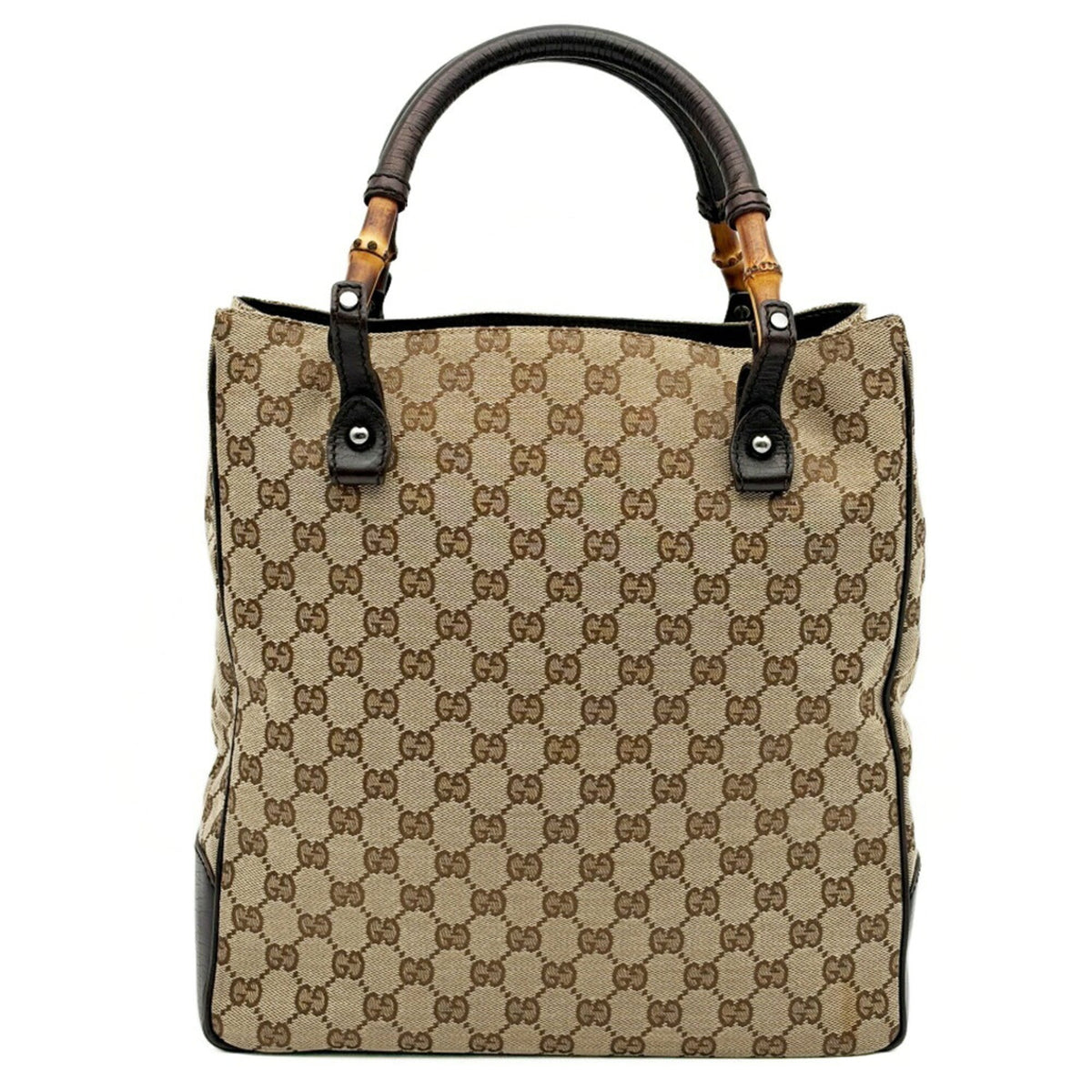 Gucci Beige Brown Bamboo Canvas Leather Tote Bag (Pre-Owned)