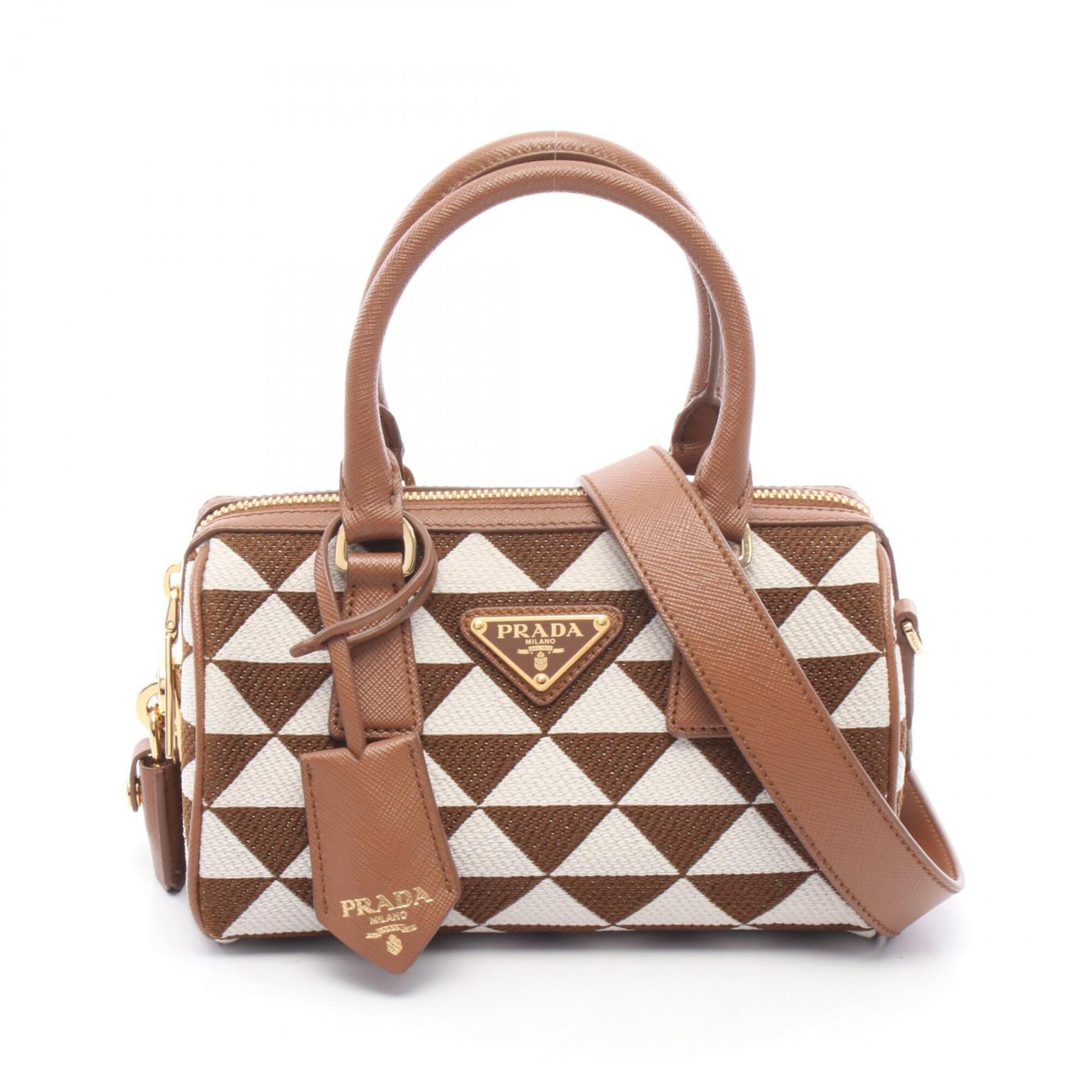 Prada Brown White Canvas Leather Handbag (Pre-Owned)