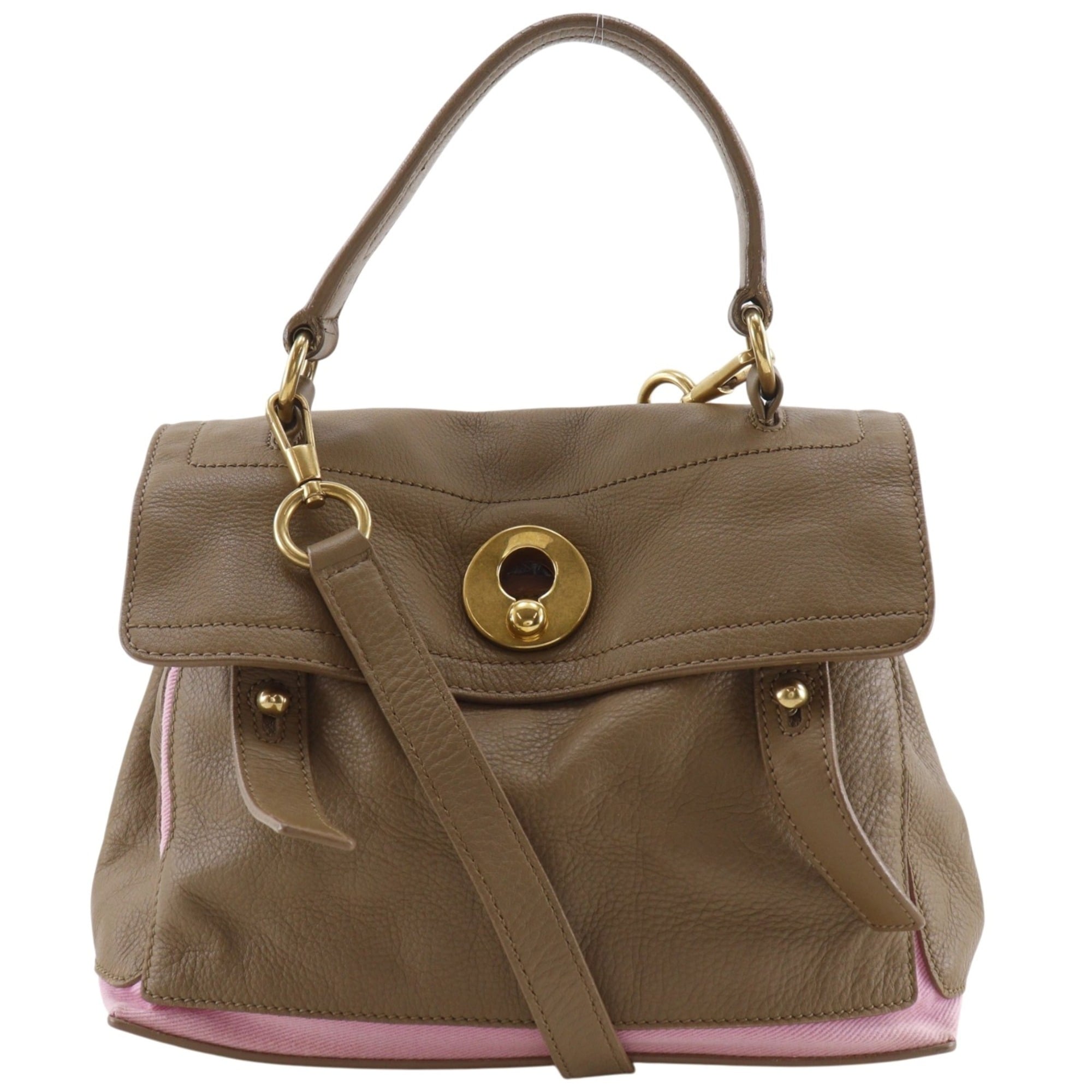Yves Saint Laurent Brown Pink Leather Canvas Handbag (Pre-Owned)