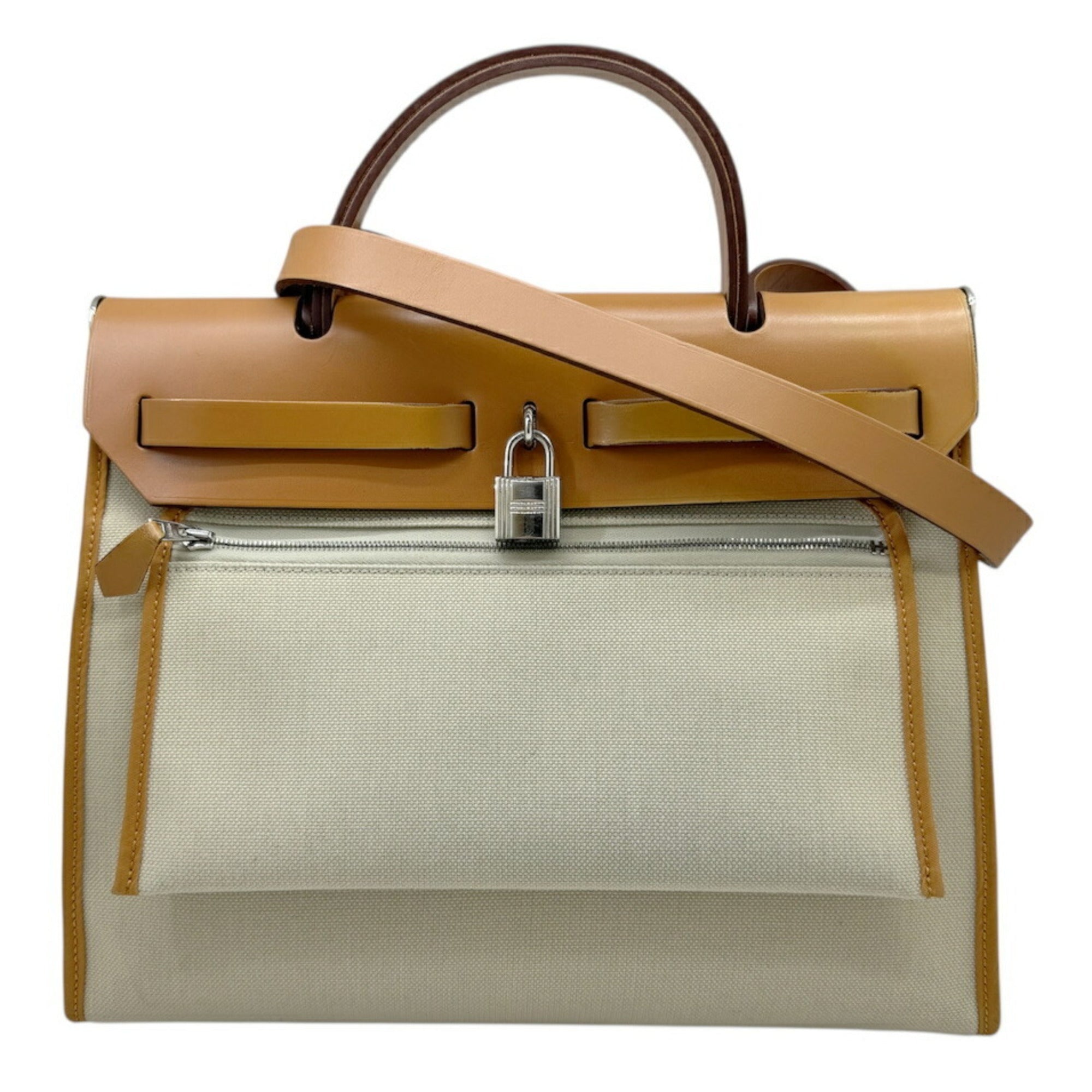 Hermes Natural Toile Officier Leather Shoulder Bag (Pre-Owned)