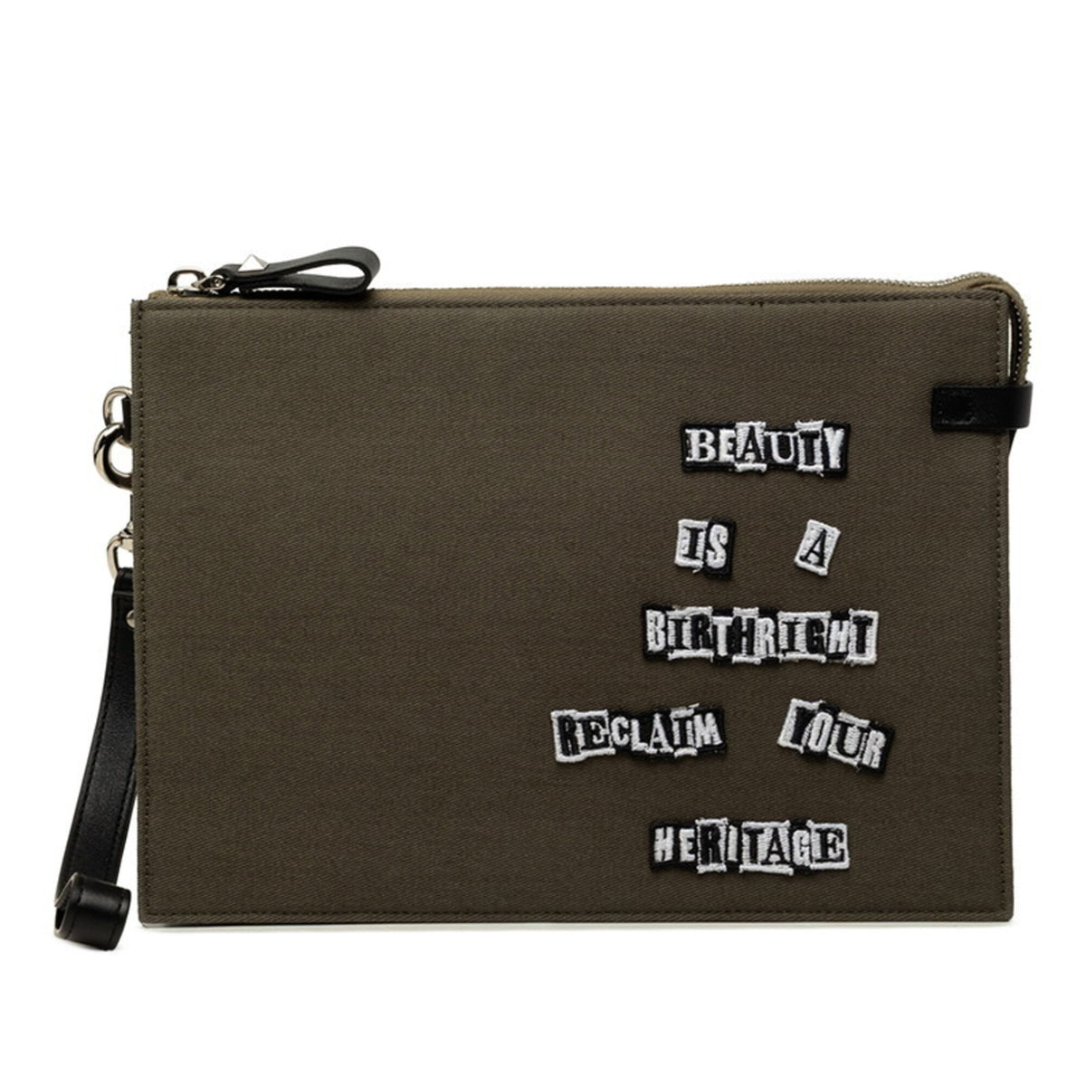 Valentino Black Khaki Canvas Leather Clutch Bag (Pre-Owned)