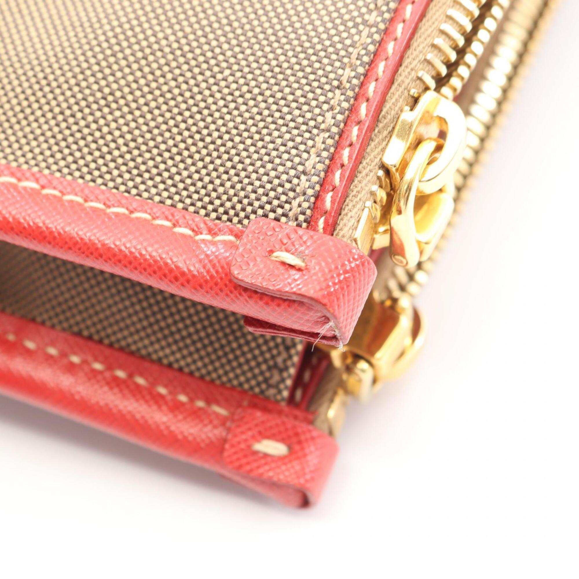 Prada Beige Red Color Canvas Leather Handbag (Pre-Owned)