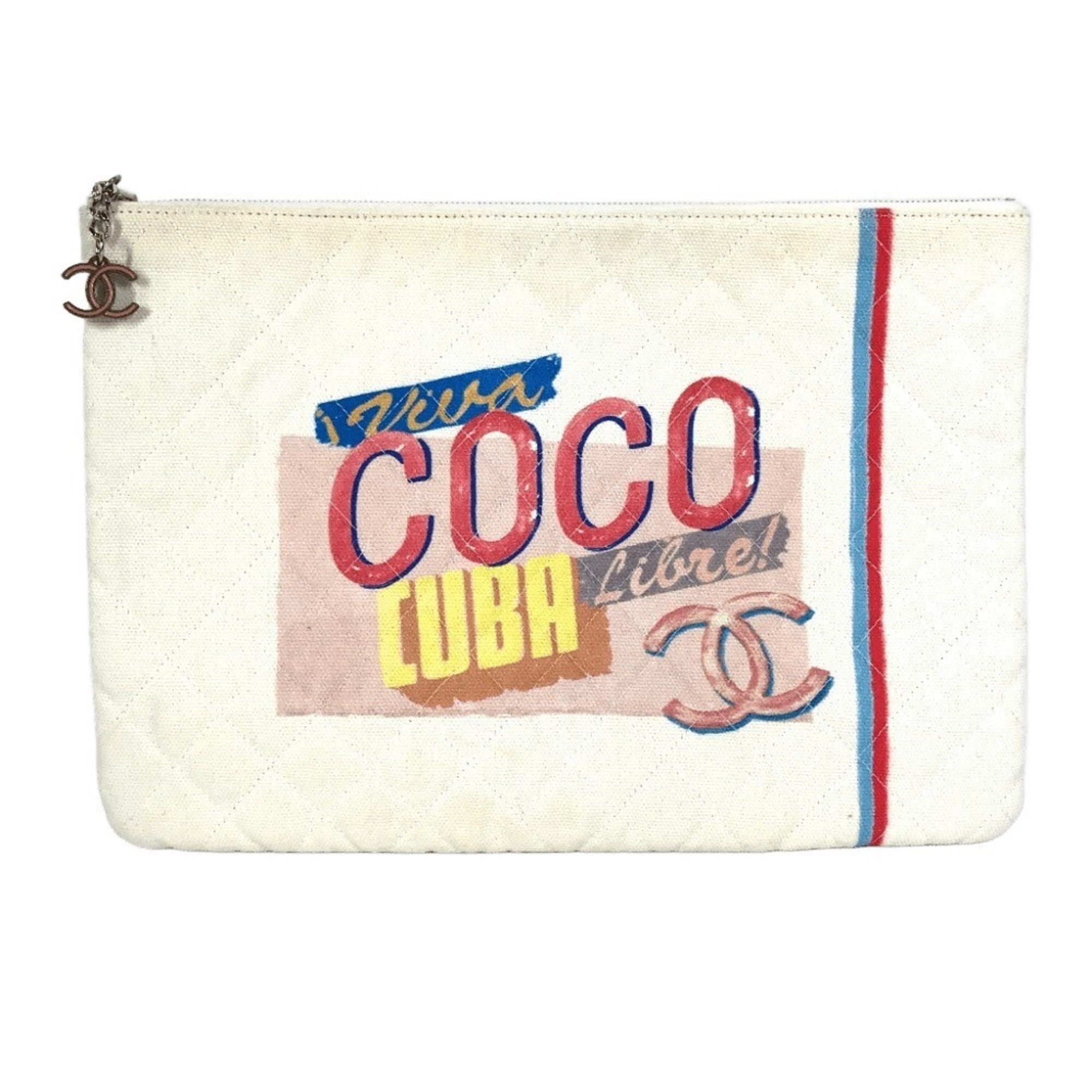Chanel Blue Pink White Canvas Clutch Bag Pouch (Pre-Owned)