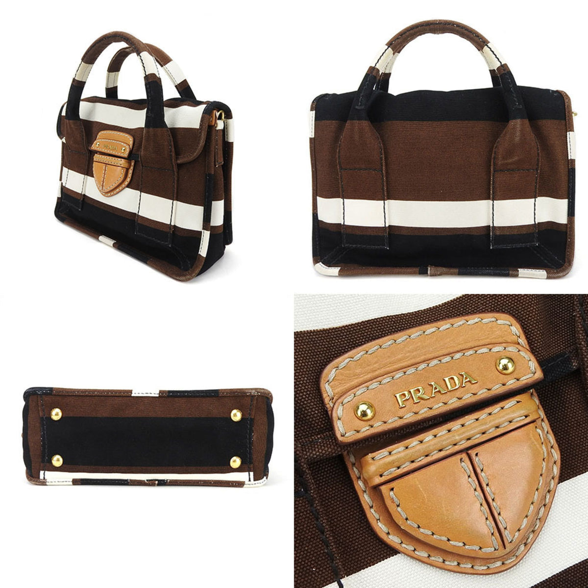 Prada Black Brown White Canvas Handbag (Pre-Owned)