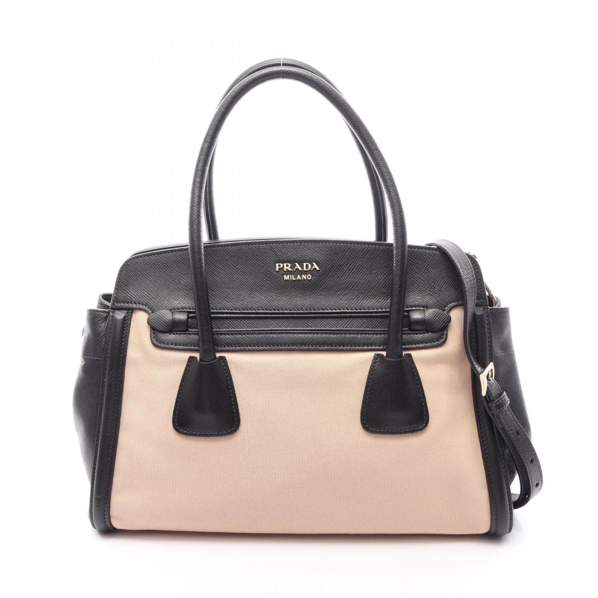Prada Black Ivory Canvas Leather Handbag (Pre-Owned)