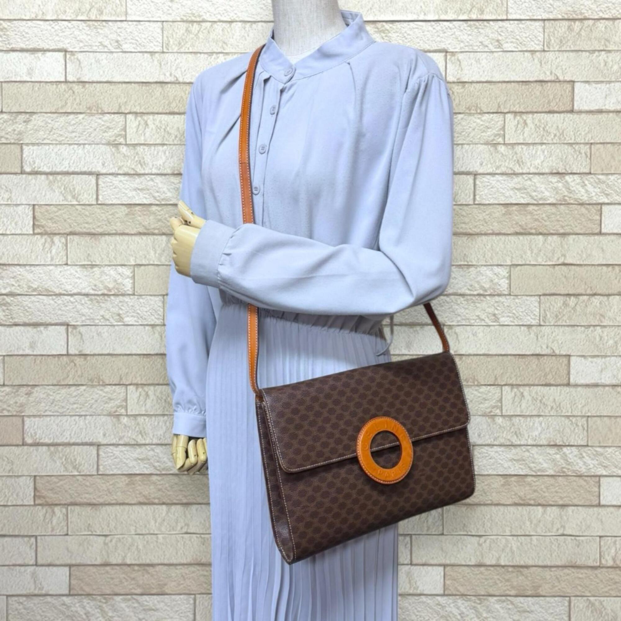 Celine Brown Coated Canvas Leather Clutch Bag Shoulder Bag (Pre-Owned)