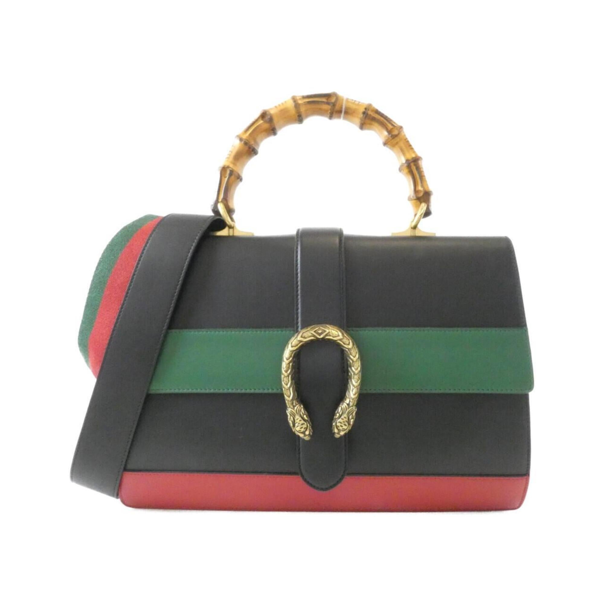 Gucci Black Green Red Color Leather Handbag (Pre-Owned)