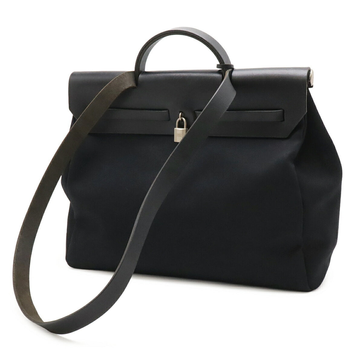 Hermes Her Bag Black Toile Officier Leather Handbag Shoulder Bag (Pre-Owned)
