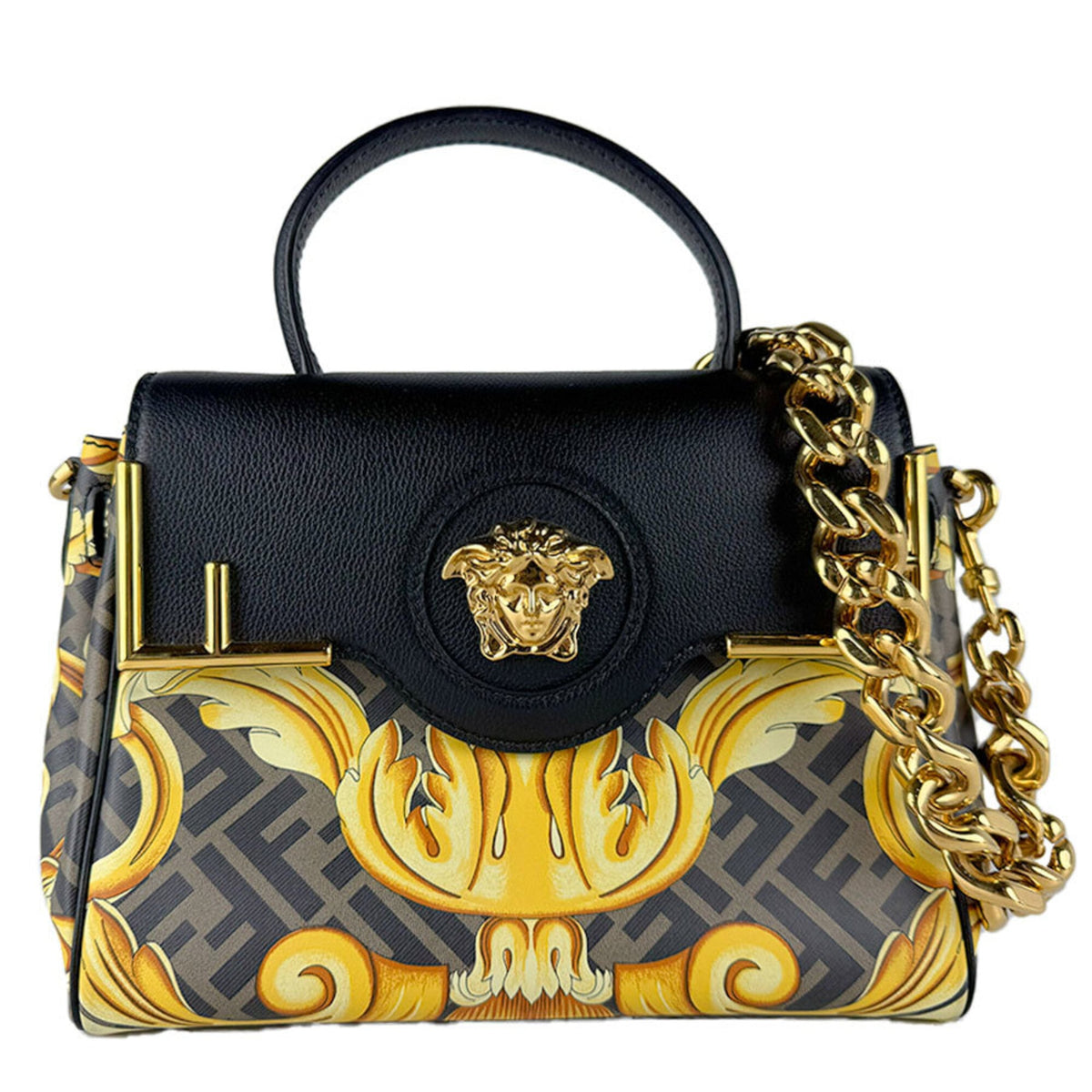 Versace Black Brown Gold Pvc Leather Handbag Shoulder Bag (Pre-Owned)