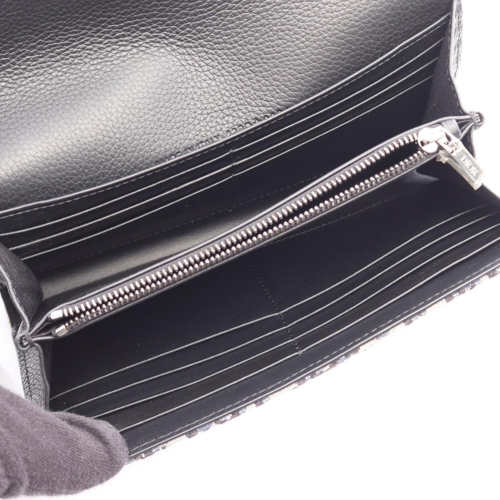 Christian Dior Beige Black Navy Canvas Leather Long Wallet (Bi-Fold) (Pre-Owned)