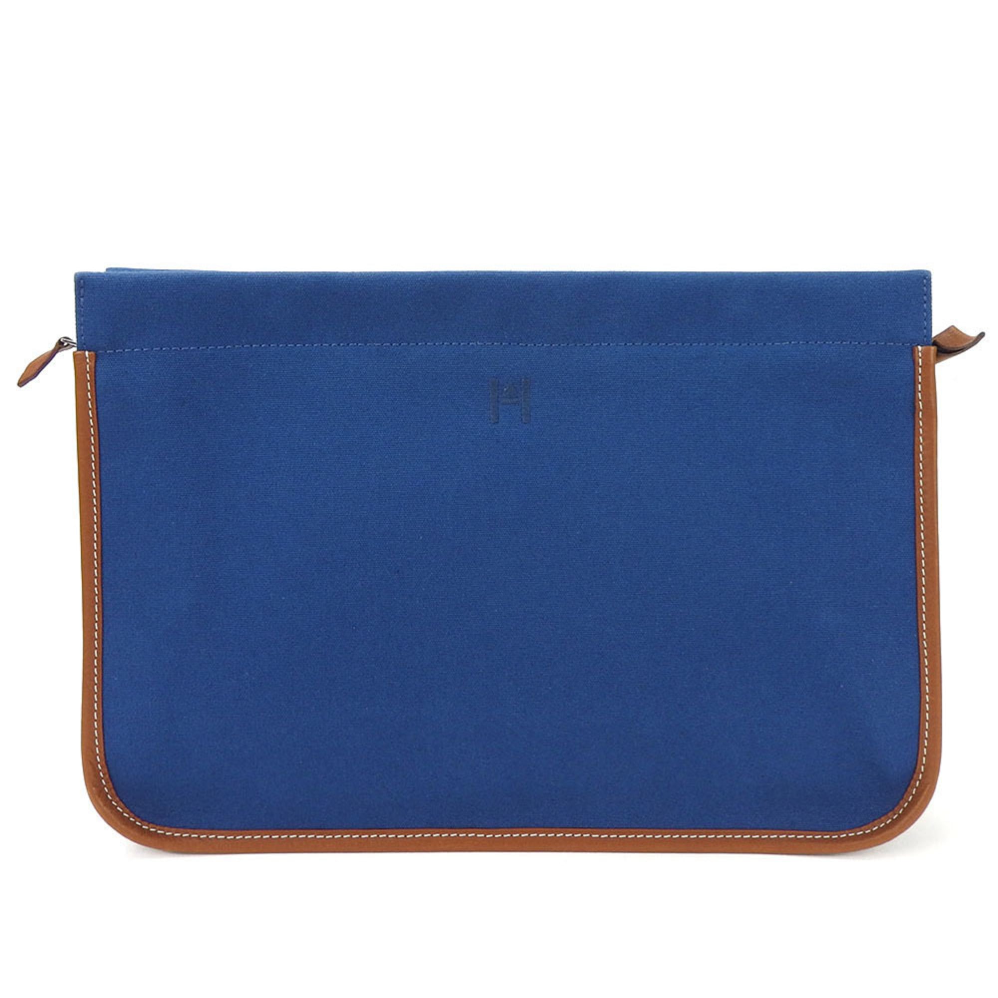 Hermes Brown Navy Canvas Leather Clutch Bag (Pre-Owned)