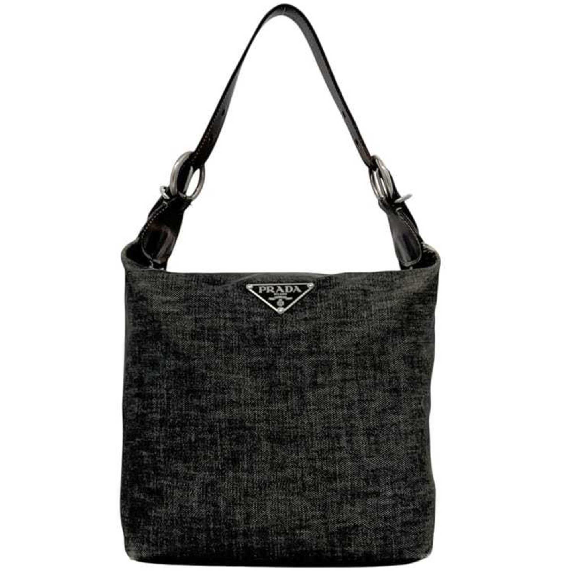 Prada Black Gray Denim Leather Shoulder Bag (Pre-Owned)