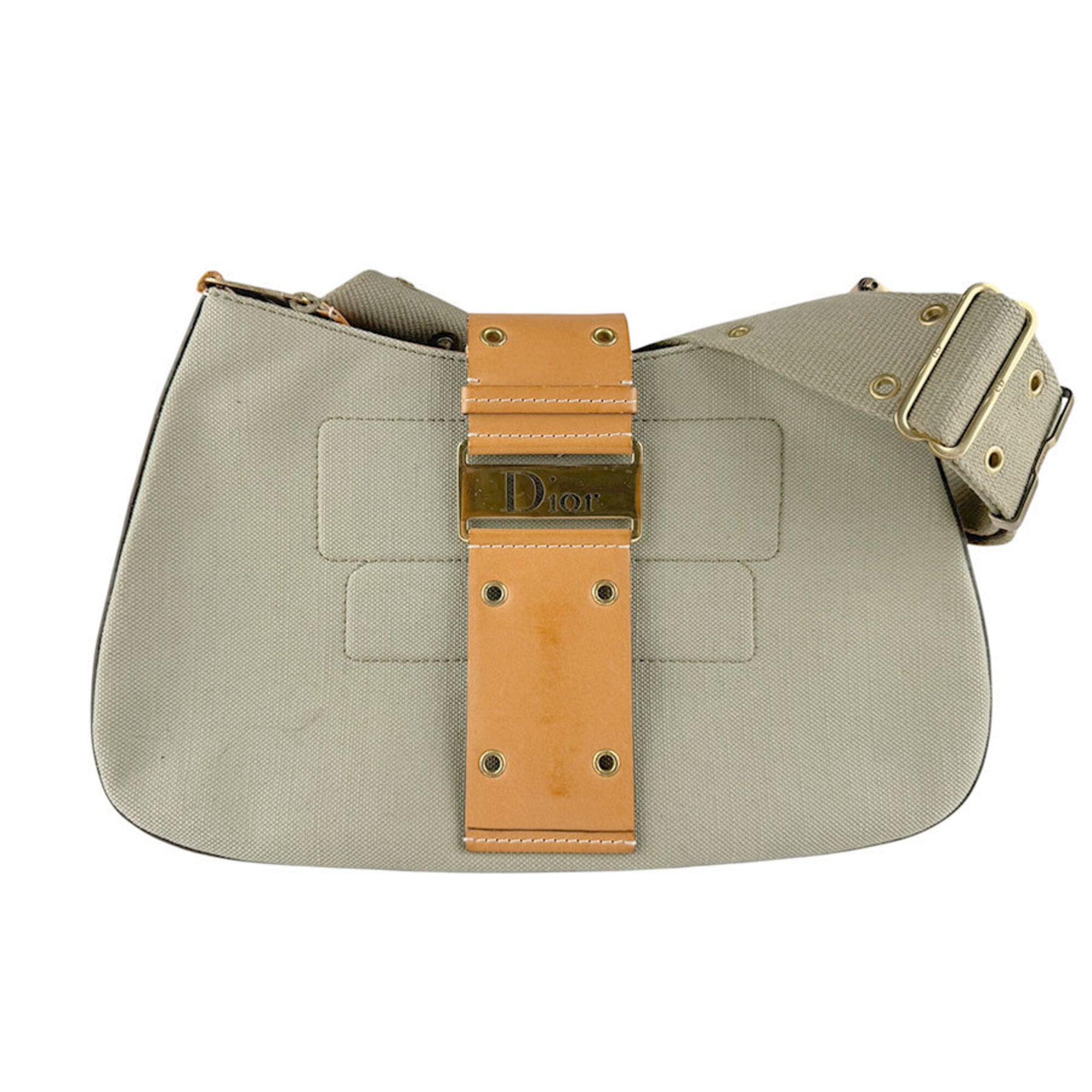 Christian Dior Brown Green Canvas Leather Shoulder Bag (Pre-Owned)